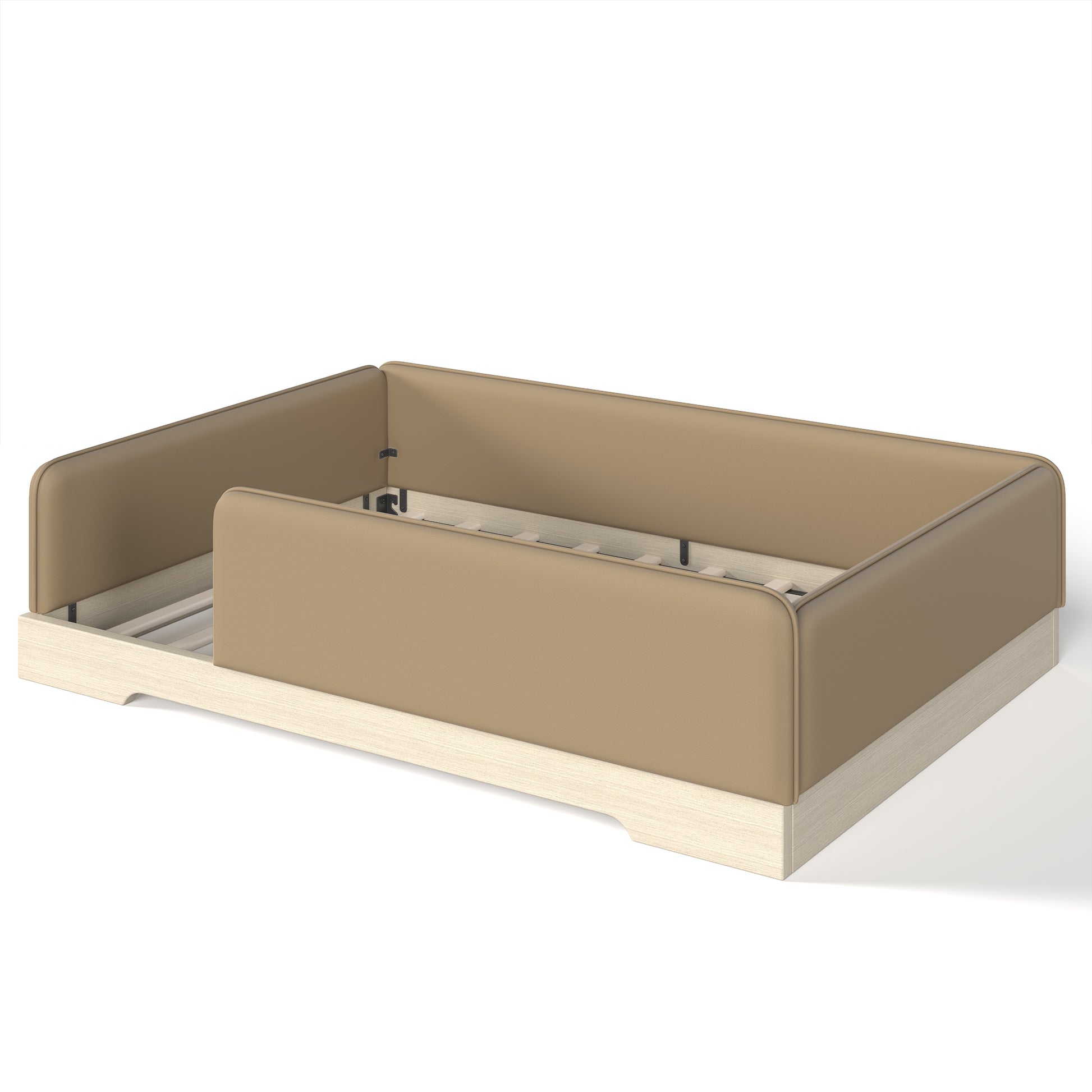 variant-group:rf-w1580s00670|Roomfitters Full Size Upholstered Floor Bed Frame with Removable Guardrails, Faux Leather Low Profile Platform, Brown