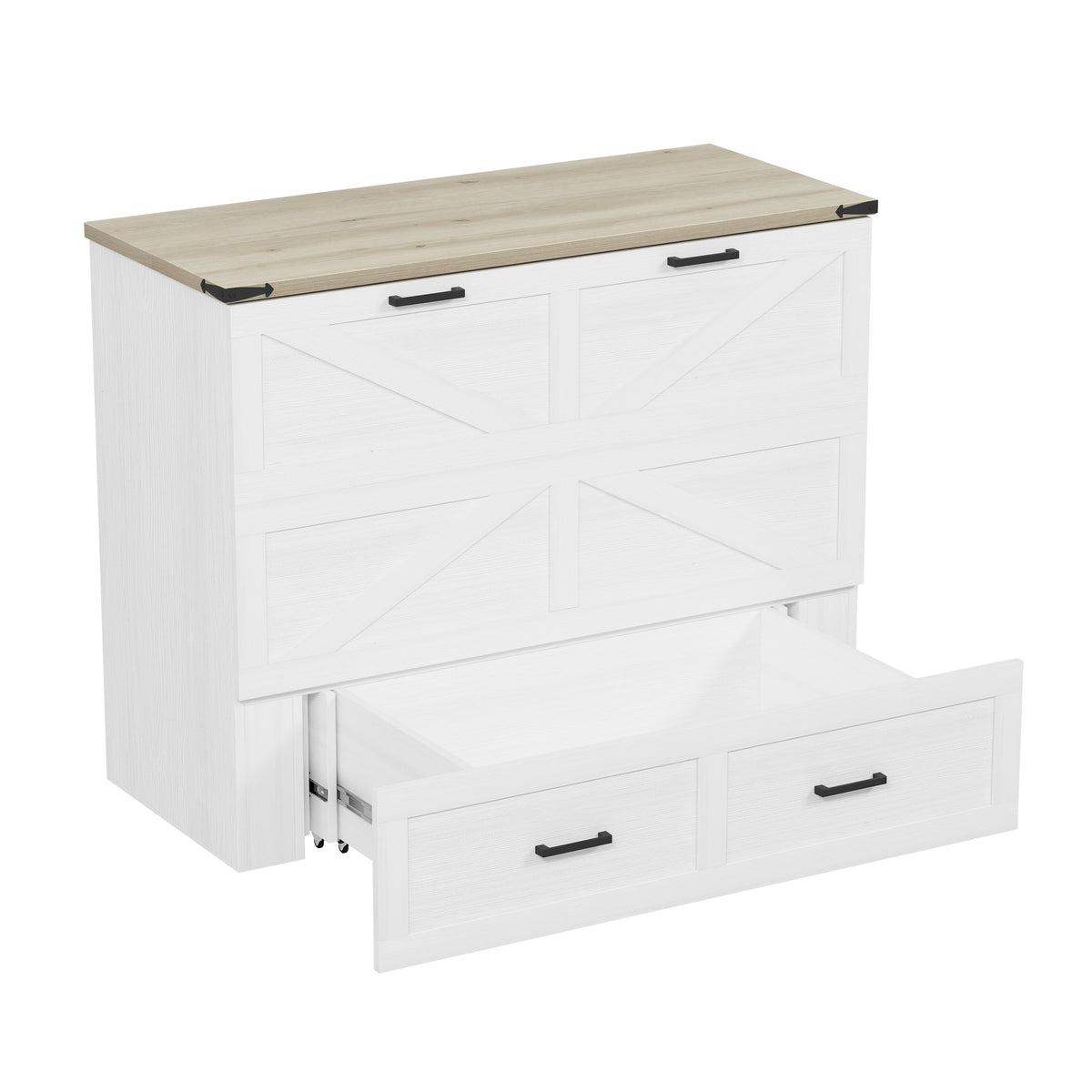 variant-group:rf-n733s237853w|Roomfitters Full Size Farmhouse Murphy Cabinet Bed with Charging Station, Foldable Platform Bed with Large Storage for Guest Room, Small Bedroom, White