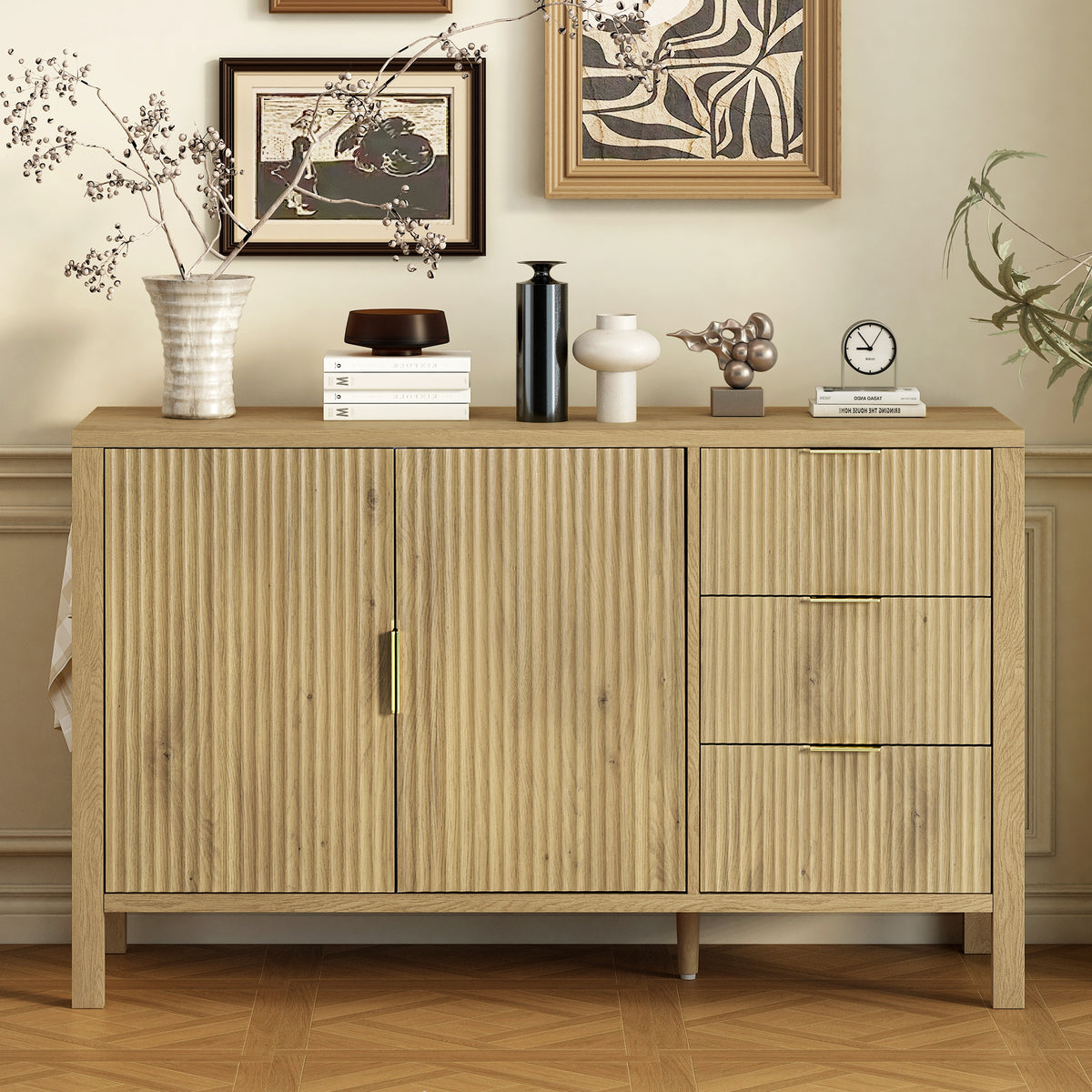 variant-group:rf-n711p345172o|Roomfitters Sideboard Buffet Cabinet with 3 Drawers, 2 Door Mid-century Fluted Accent Storage for Kitchen & Dining, Natural