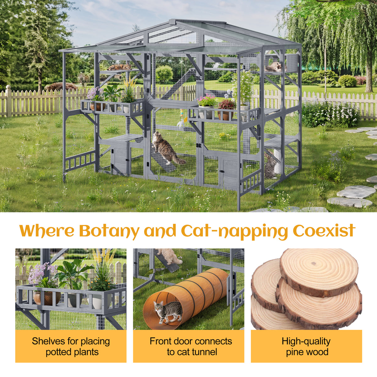 variant-group:rf-n704g201620e|Roomfitters Extra Large Wood Catio Cat Cage Outdoor Kennel with Transparent Sunroof and Dual Storage Shelves Gray