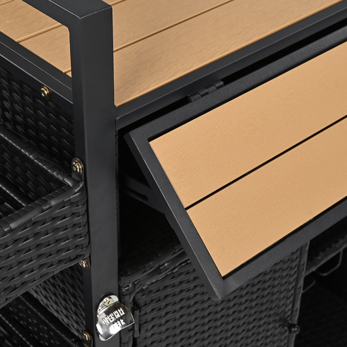 variant-group:rf-n707p233747b|Roomfitters 52.8" Wicker Outdoor Grill Cart with Plastic Wood Table, Rolling Island with Storage Cabinet, Double Handles, Black Brown