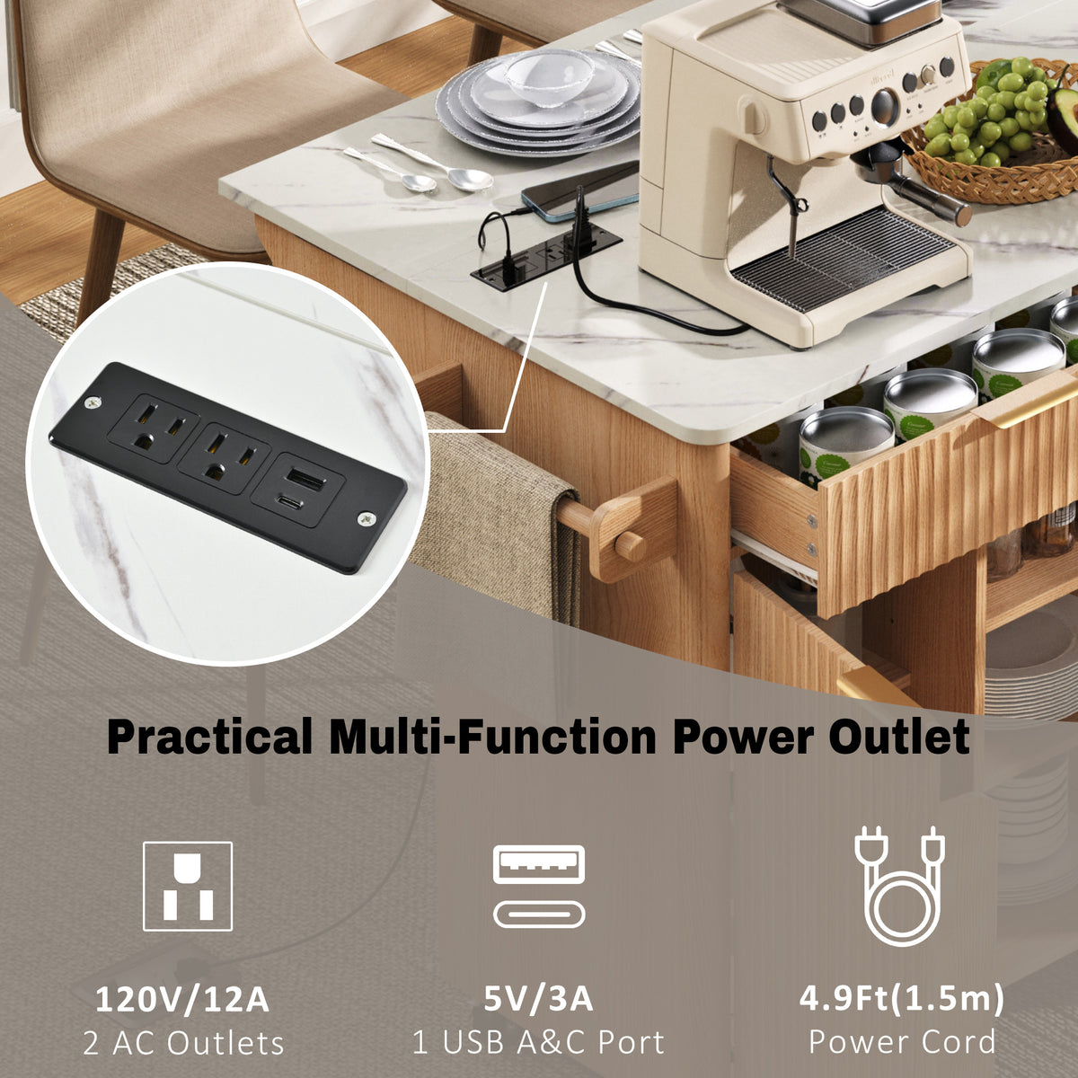 variant-group:rf-n707s000019y|Roomfitters 52" Fluted Kitchen Island with Drop Leaf, Power Outlet & Faux Marble Top, Natural