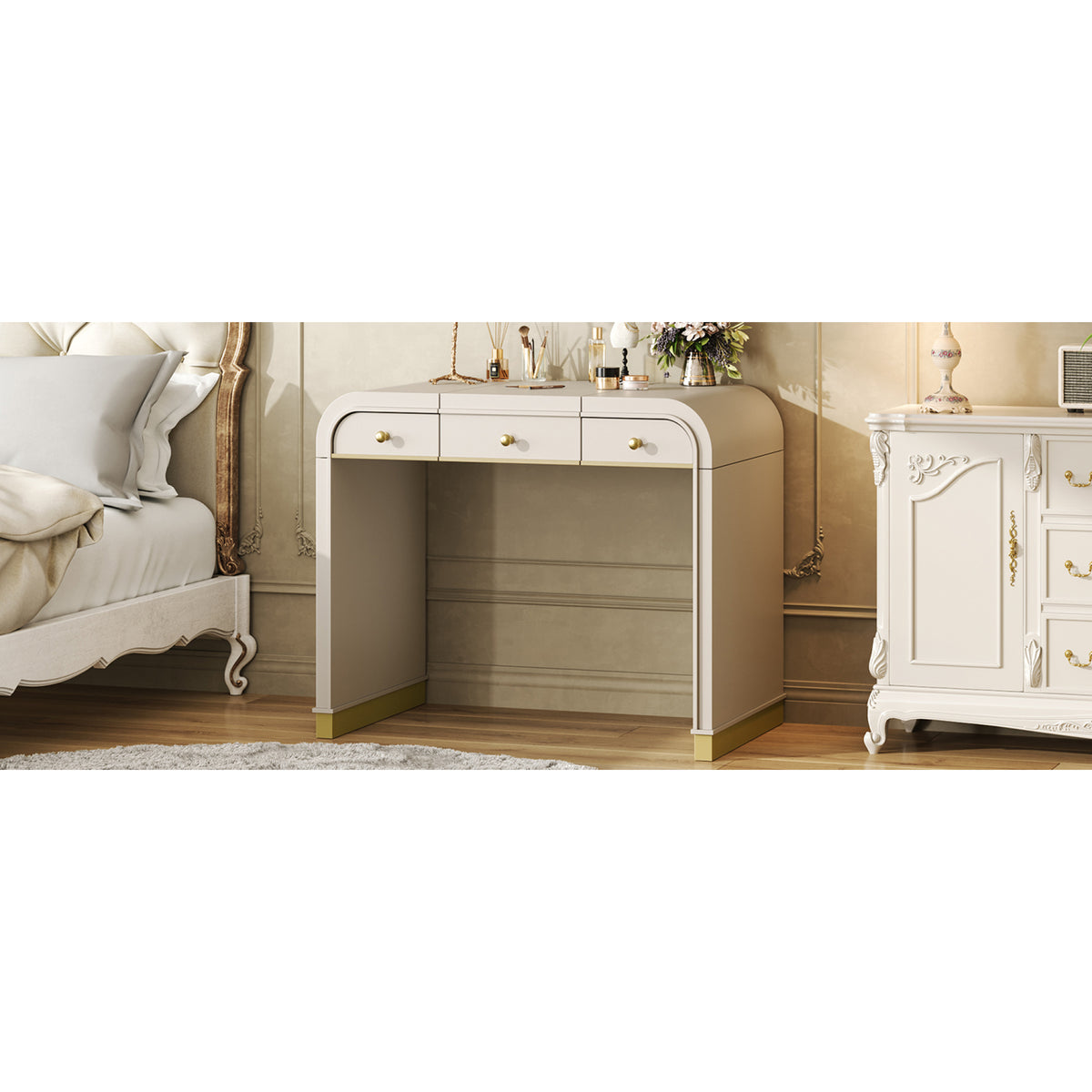 variant-group:rf-n704p381406c|Roomfitters Flip Top Vanity Desk with Mirror and Hidden Storage, Modern Makeup Table with Gold Trim for Small Space, Champagne