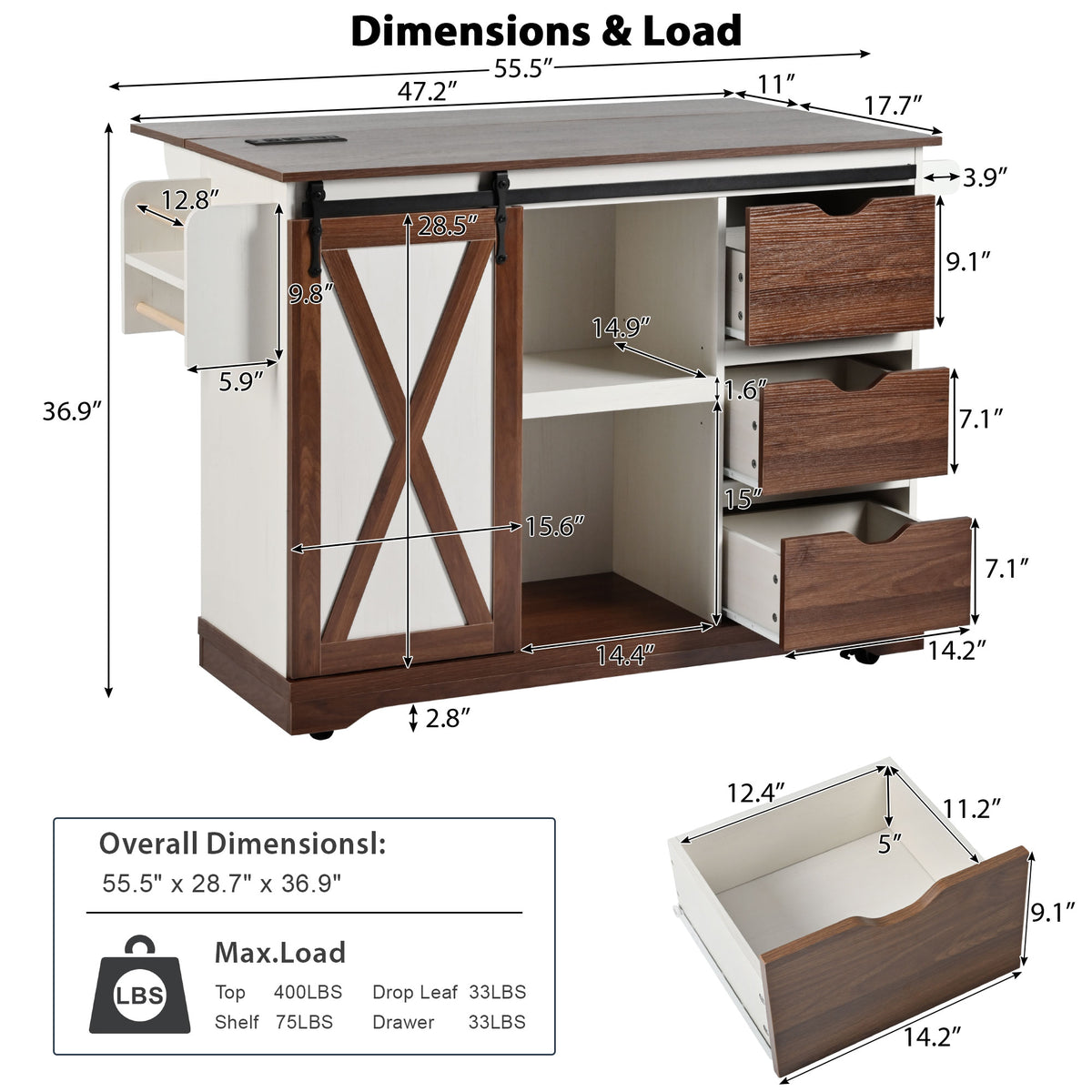 variant-group:rf-n707p288229w|Roomfitters 55.5" Rolling Kitchen Island with Drop Leaf, Mobile Kitchen Storage Cart with Sliding Barn Door, Power Outlets, White