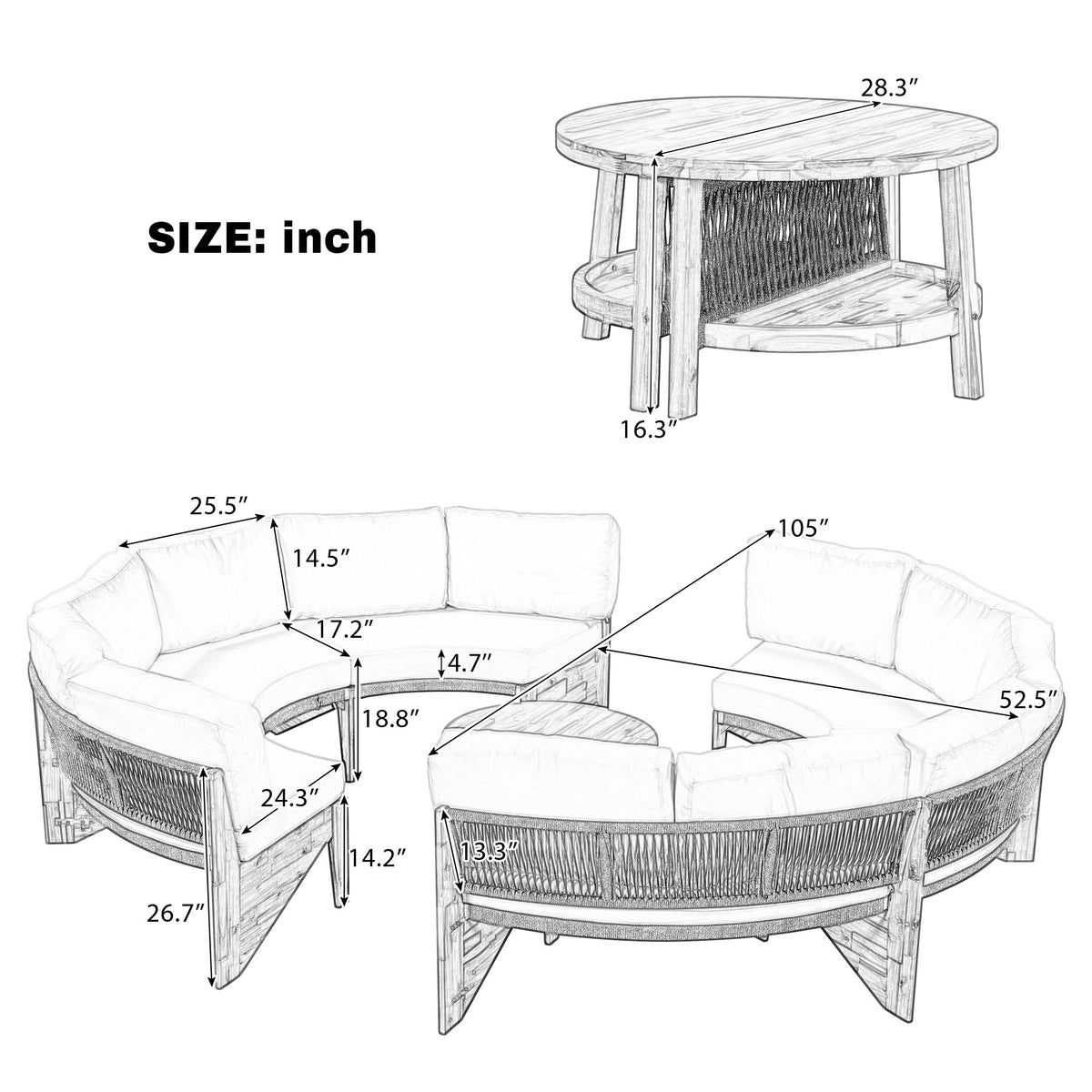 variant-group:rf-n711wy000468aae|Roomfitters 3-Piece Outdoor Sofa Set for 6, Half-Moon Patio Conversation Set, Grey Cushions, Rope Woven Steel Sectional