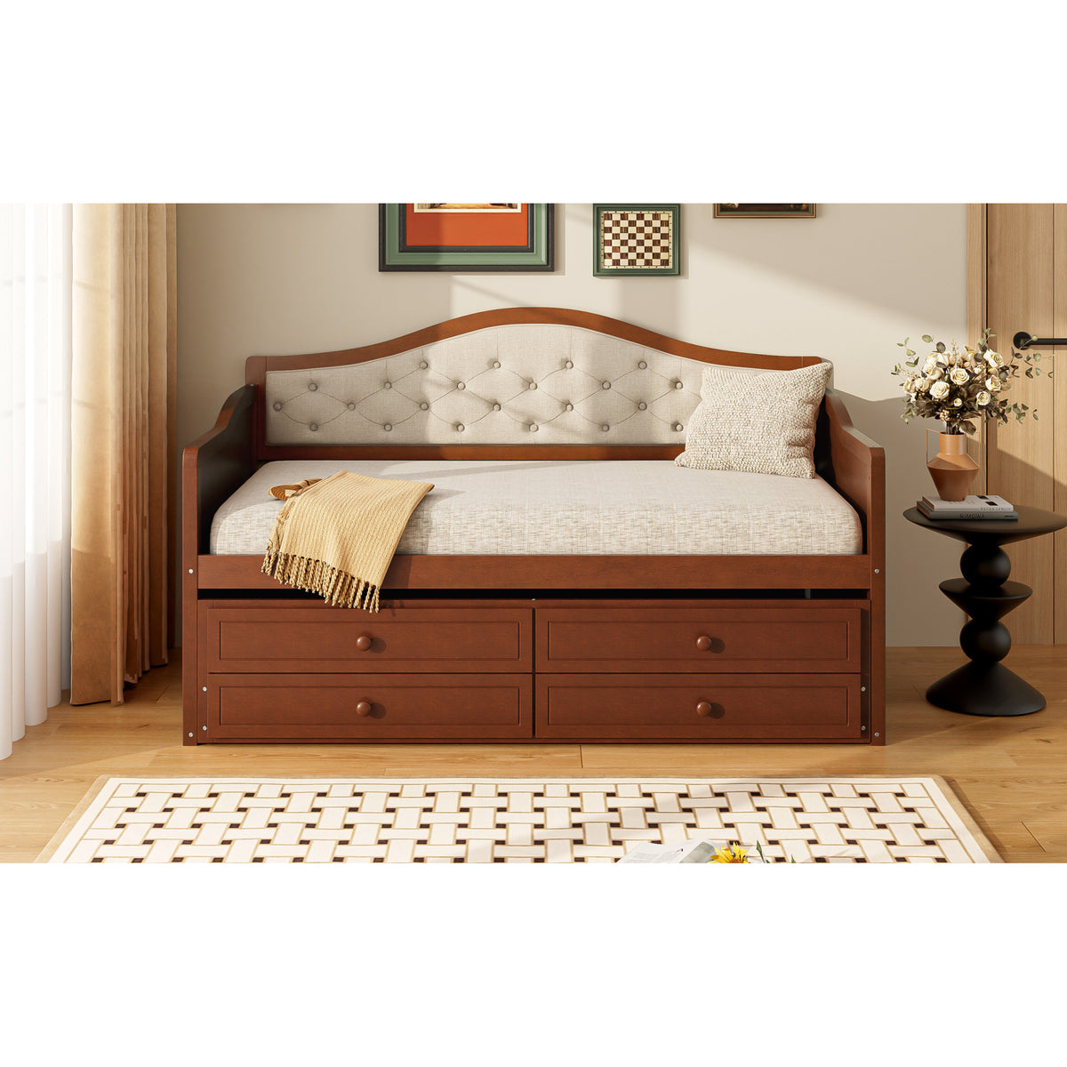 variant-group:rf-n733s346767d|Roomfitters Twin Daybed with Trundle, Wooden Sofa Bed with 2 Storage Drawers & Tufted Backrest, Walnut