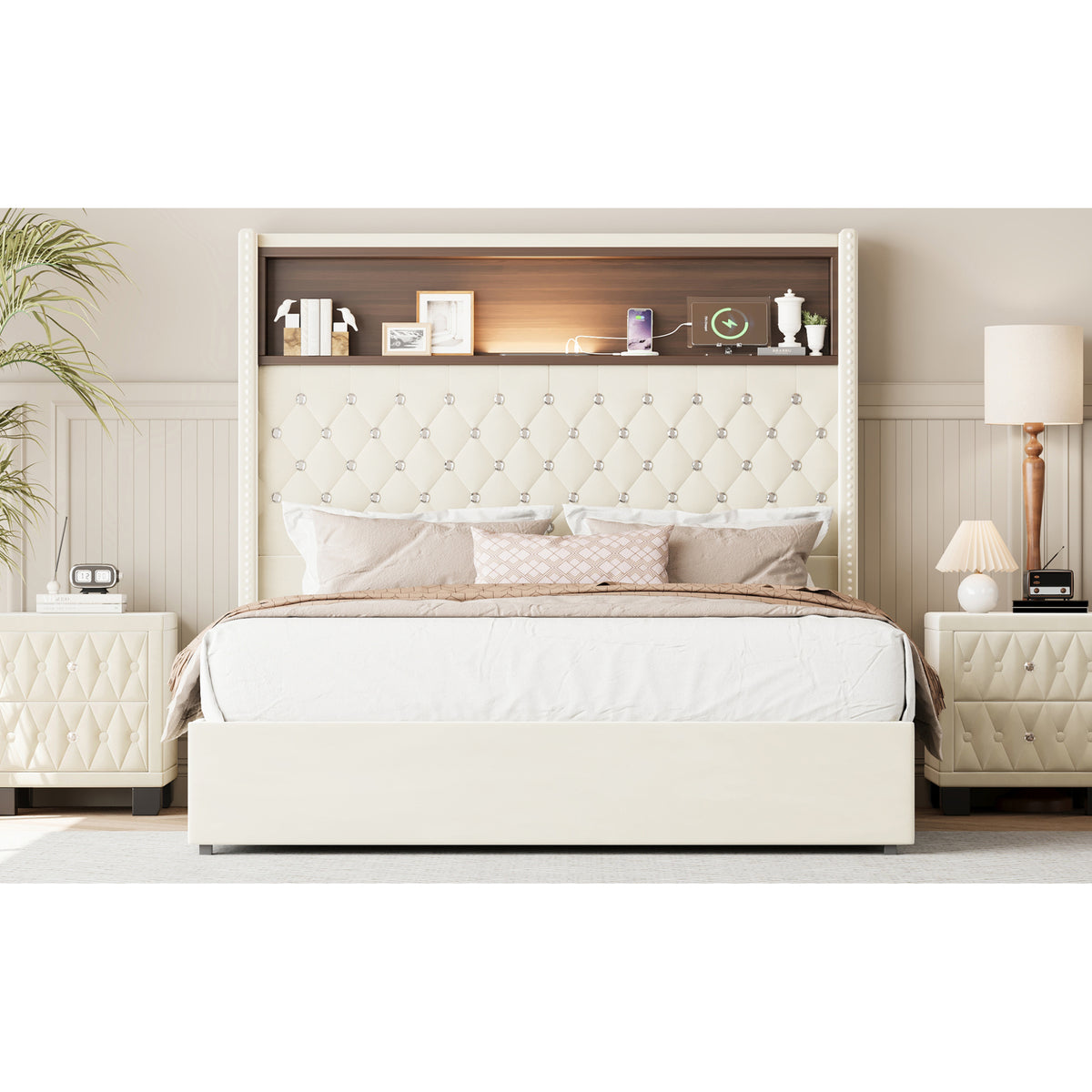 variant-group:rf-n733p368653a|Roomfitters Full Velvet Tufted Platform Bed with Charging Ports, Tall Wingback Headboard with Rivet Trim and Shelf, Beige