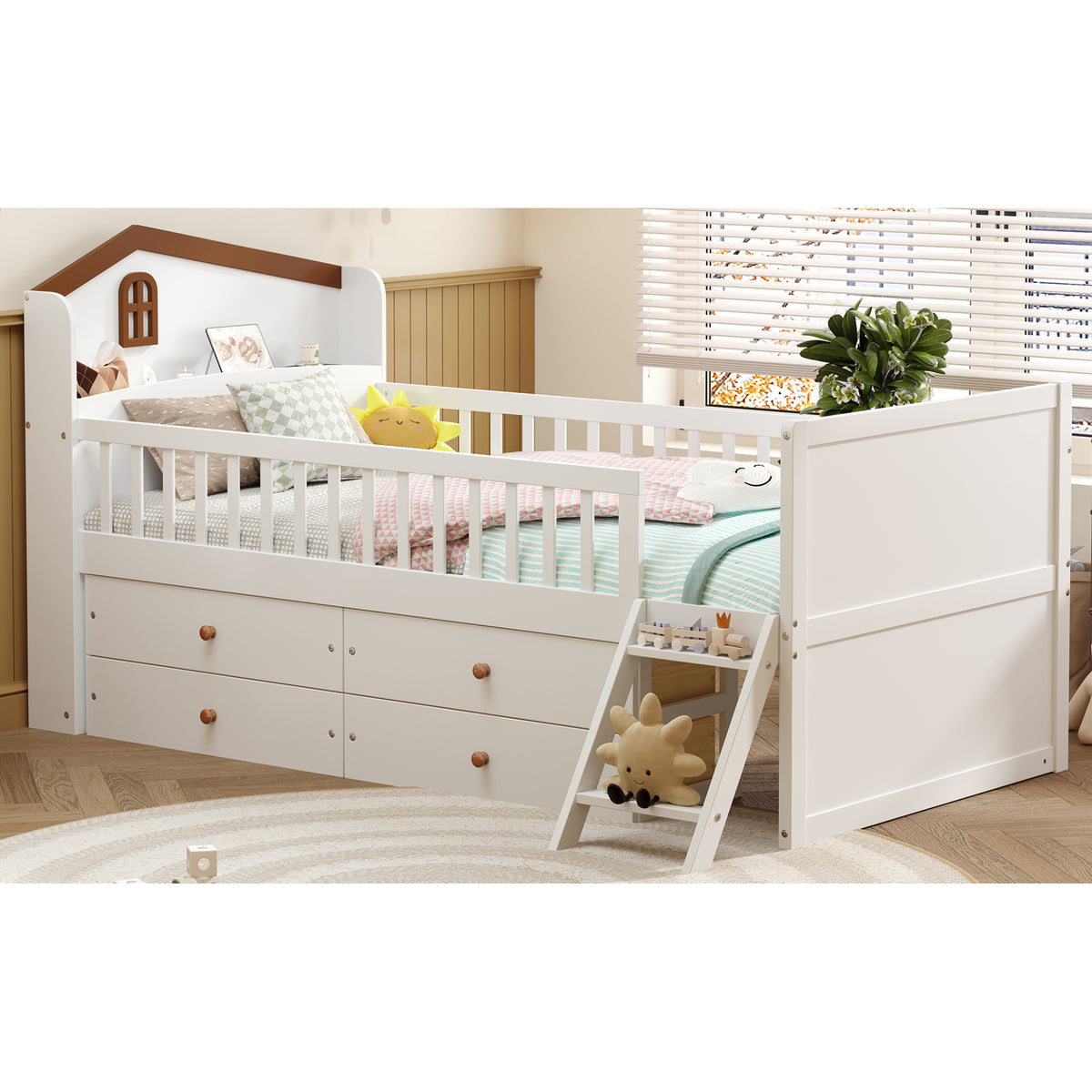 variant-group:rf-n733s278032k|Roomfitters Twin Platform Bed Frame with Four Drawers, Wooden Kids Bed with Guardrail Headboard and Ladder, White