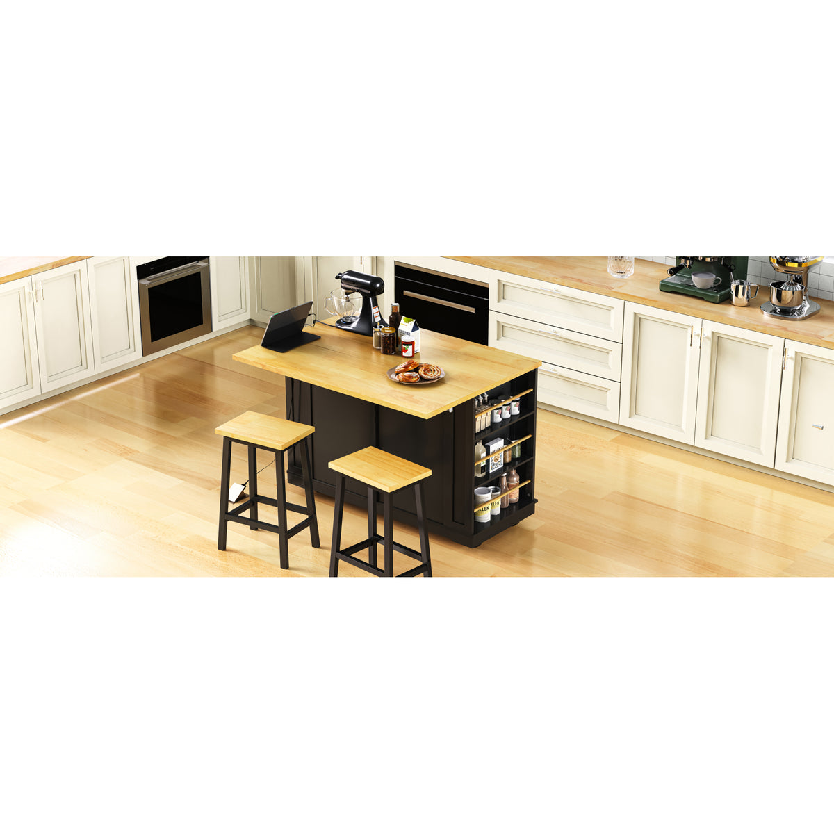 variant-group:rf-n707s257057b|Roomfitters 48" Kitchen Island with Power Outlet and Drop Leaf, Rolling Storage Cabinet with Wood Top and Spice Rack, Black