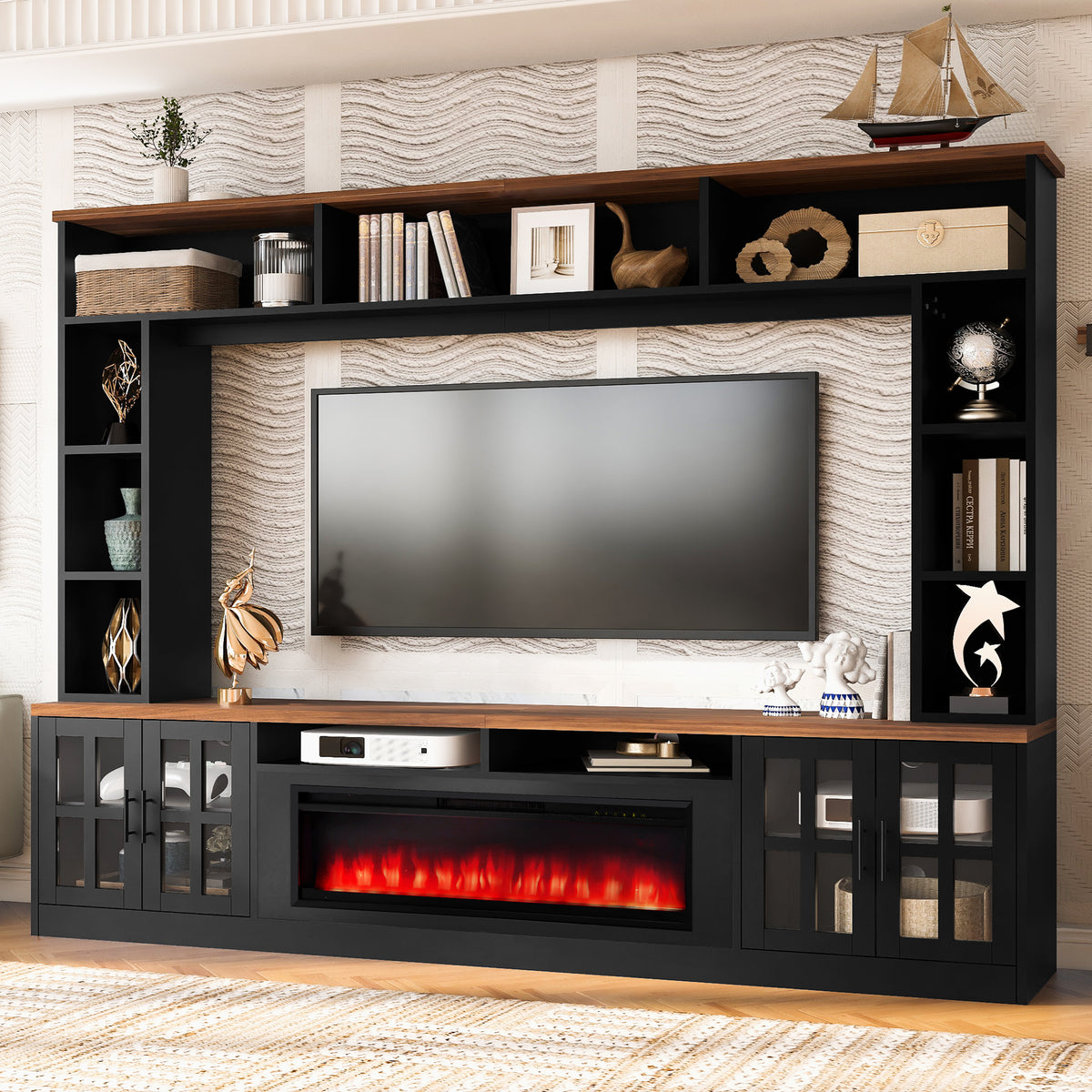 variant-group:rf-n724sj000159aab|Roomfitters 95.5"W Large Wall Unit Entertainment Center, 39" LED Fireplace, Black & Brown