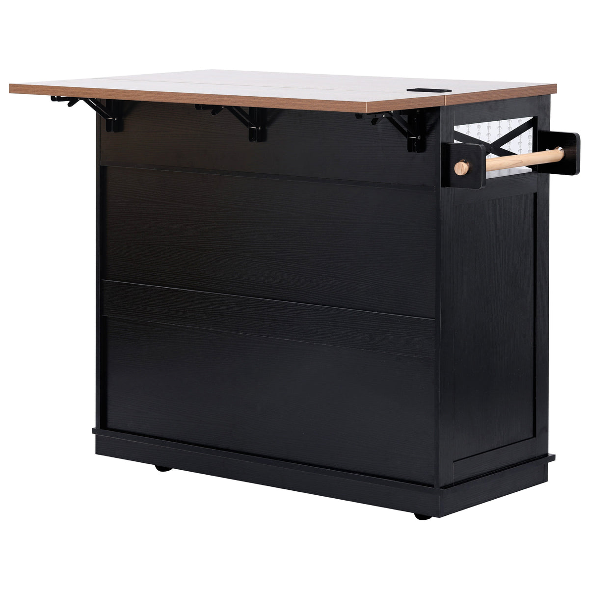 variant-group:rf-n707p254872b|Roomfitters 46.5" Rolling Kitchen Island with Drop Leaf, Mobile Cart with 2 AC Outlets & USB, Beaded Drape & 3 Drawers, Black