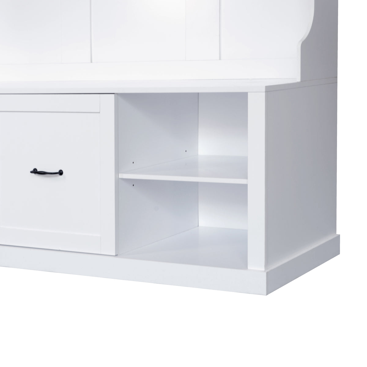 variant-group:rf-n724p264673k|Roomfitters 3-in-1 Hall Tree with 6 Hooks, Coat Rack and Entryway Bench, 57" Organizer with Drawer for Hallway or Living Room, White