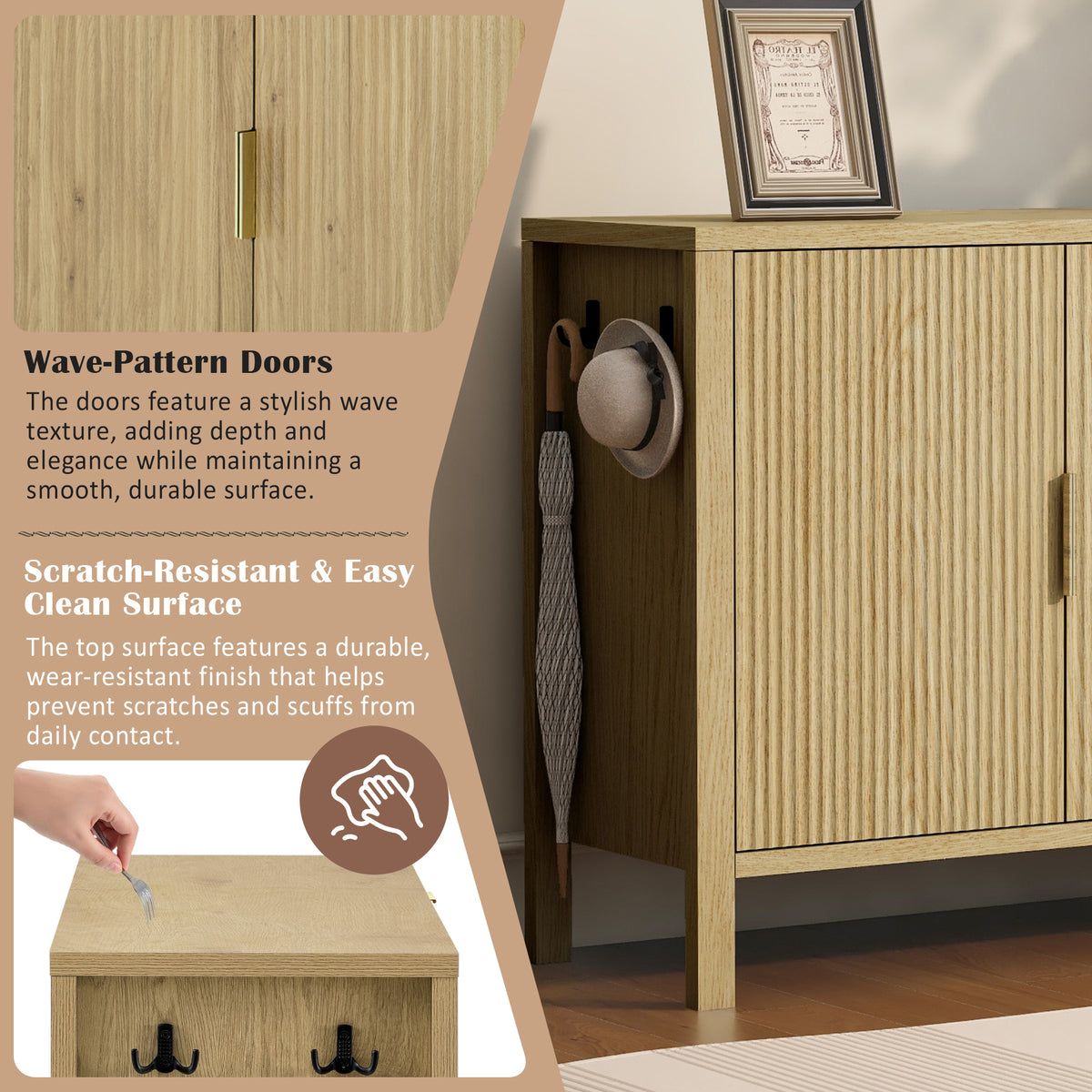 variant-group:rf-n711p345172o|Roomfitters Sideboard Buffet Cabinet with 3 Drawers, 2 Door Mid-century Fluted Accent Storage for Kitchen & Dining, Natural