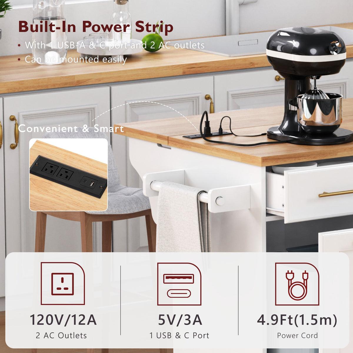 variant-group:rf-n707s299014w|Roomfitters 59.3" Kitchen Island with Power Outlet, Drop Leaf and Double Trash Can Pull Out, Rolling Cart, White