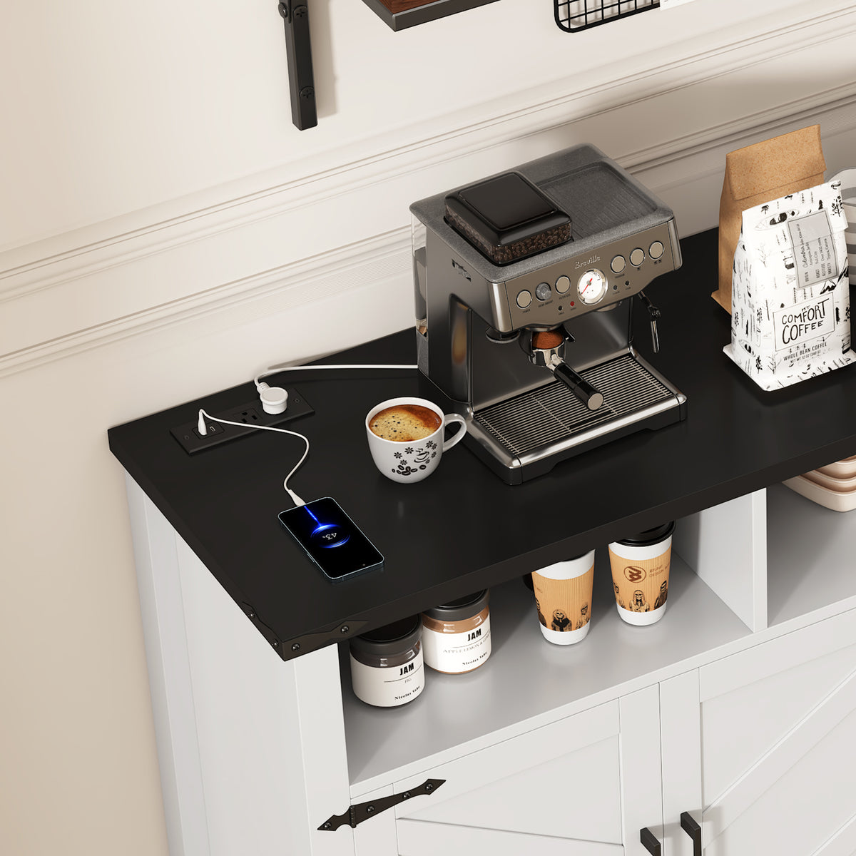 variant-group:rf-n711p347407k|Roomfitters 59" Sideboard Buffet Cabinet with 4 Door & Open Storage, Modern Farmhouse Industrial Coffee Bar Station, White+Black