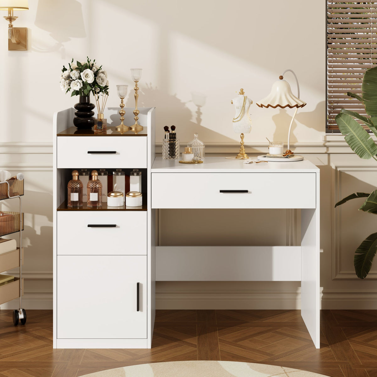 Roomfitters 3-in-1 Compact Space-Saving Vanity Desk with Flip Top Mirror and Amber Tempered Glass Top White Roomfitters