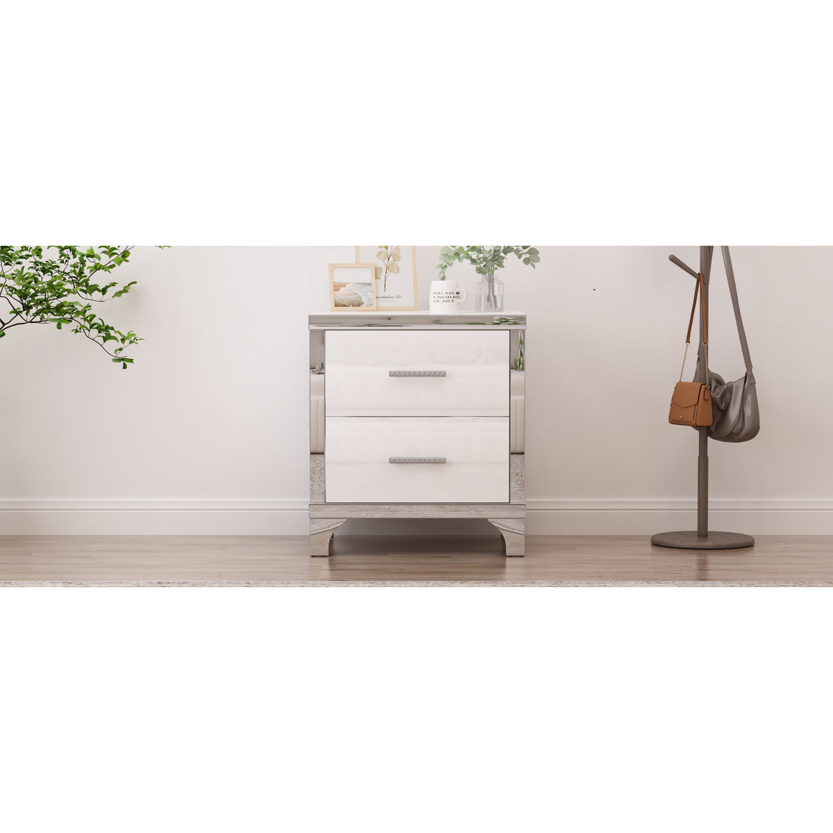 variant-group:rf-n733p205356k|Roomfitters High Gloss Nightstand with Metal Handle, Mirrored Bedside Storage Table for Bedroom or Living Room, White