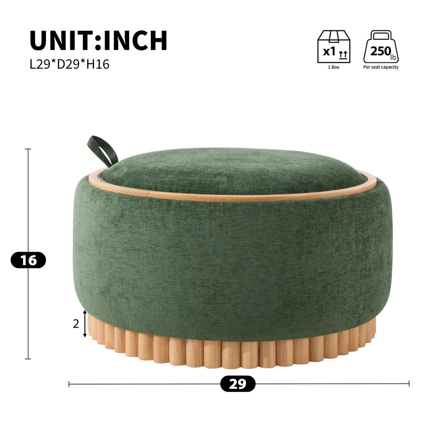 variant-group:rf-n723p405304g|Roomfitters 29 Inch Round Storage Ottoman with Reversible Wooden Tray Top, Upholstered Coffee Table for Living Room, Green