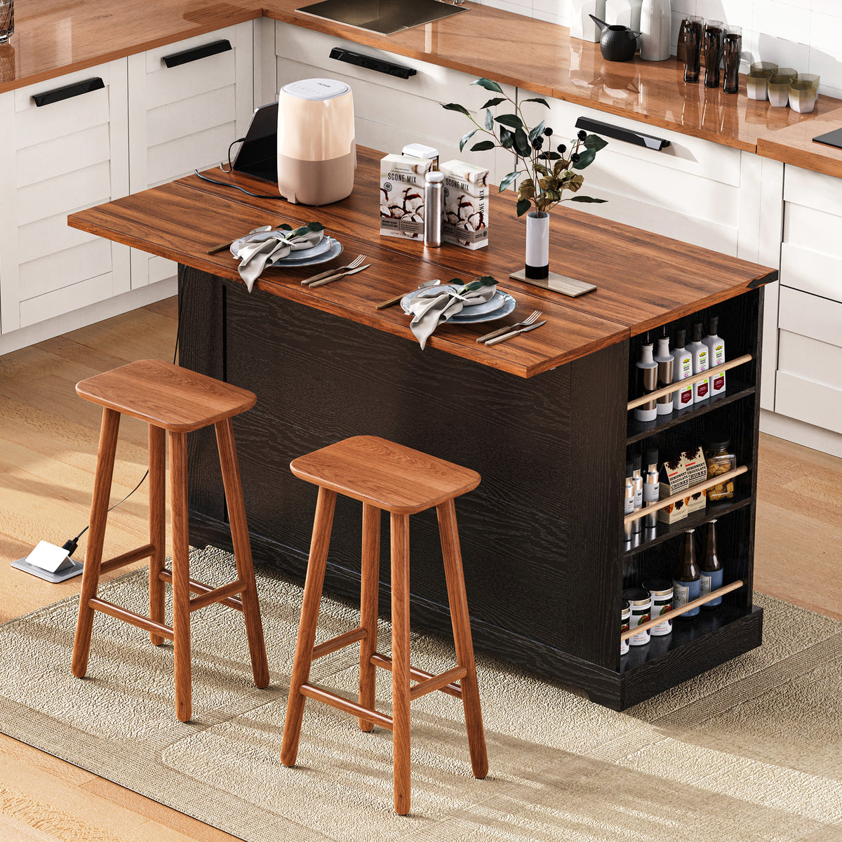 variant-group:rf-n707p263637b|Roomfitters 53" Rolling Kitchen Island with Drop Leaf, Mobile Cart with Glass Doors, 5 Side Shelves & Power Outlets, Black