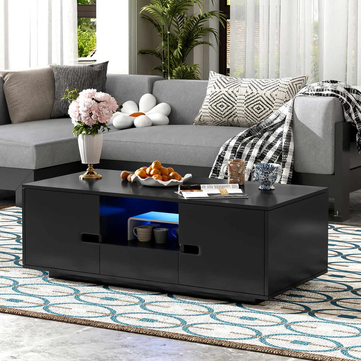 variant-group:rf-n724p294656b|Roomfitters Modern Glossy Coffee Table with Storage Space and Light Accent, Rectangle Center Table for Living Room, Black