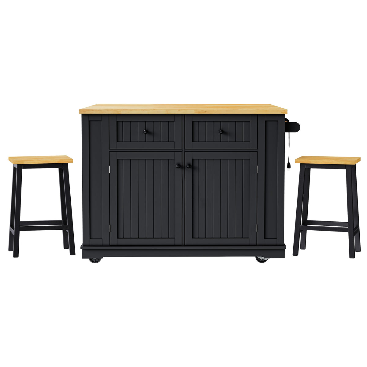 variant-group:rf-n707s257057b|Roomfitters 48" Kitchen Island with Power Outlet and Drop Leaf, Rolling Storage Cabinet with Wood Top and Spice Rack, Black