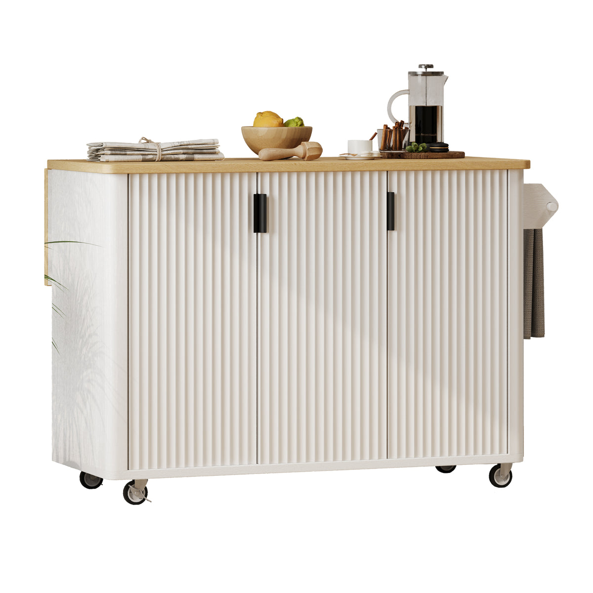 variant-group:rf-n707p221446w|Roomfitters 51" Fluted Kitchen Island with Drop Leaf, Rolling Cart with Storage Rack, Farmhouse Style, Towel Rack, White