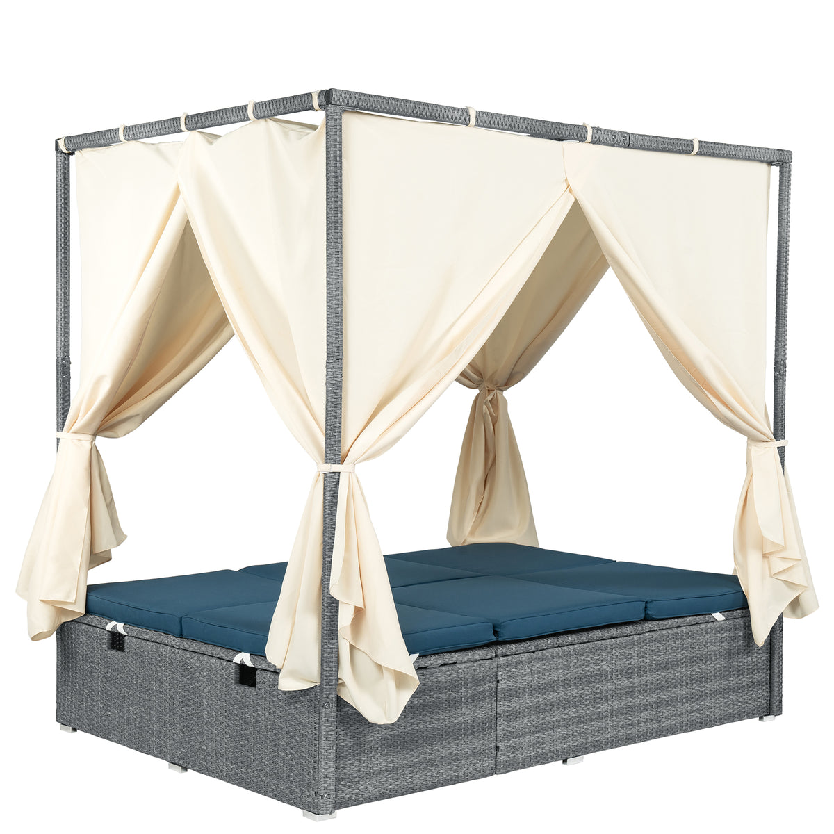 variant-group:rf-n711wy000471aac|Roomfitters Modern Tropical Dark Blue PE Rattan Outdoor Double Sun Lounger, Patio Daybed, Adjustable Recline, Canopy