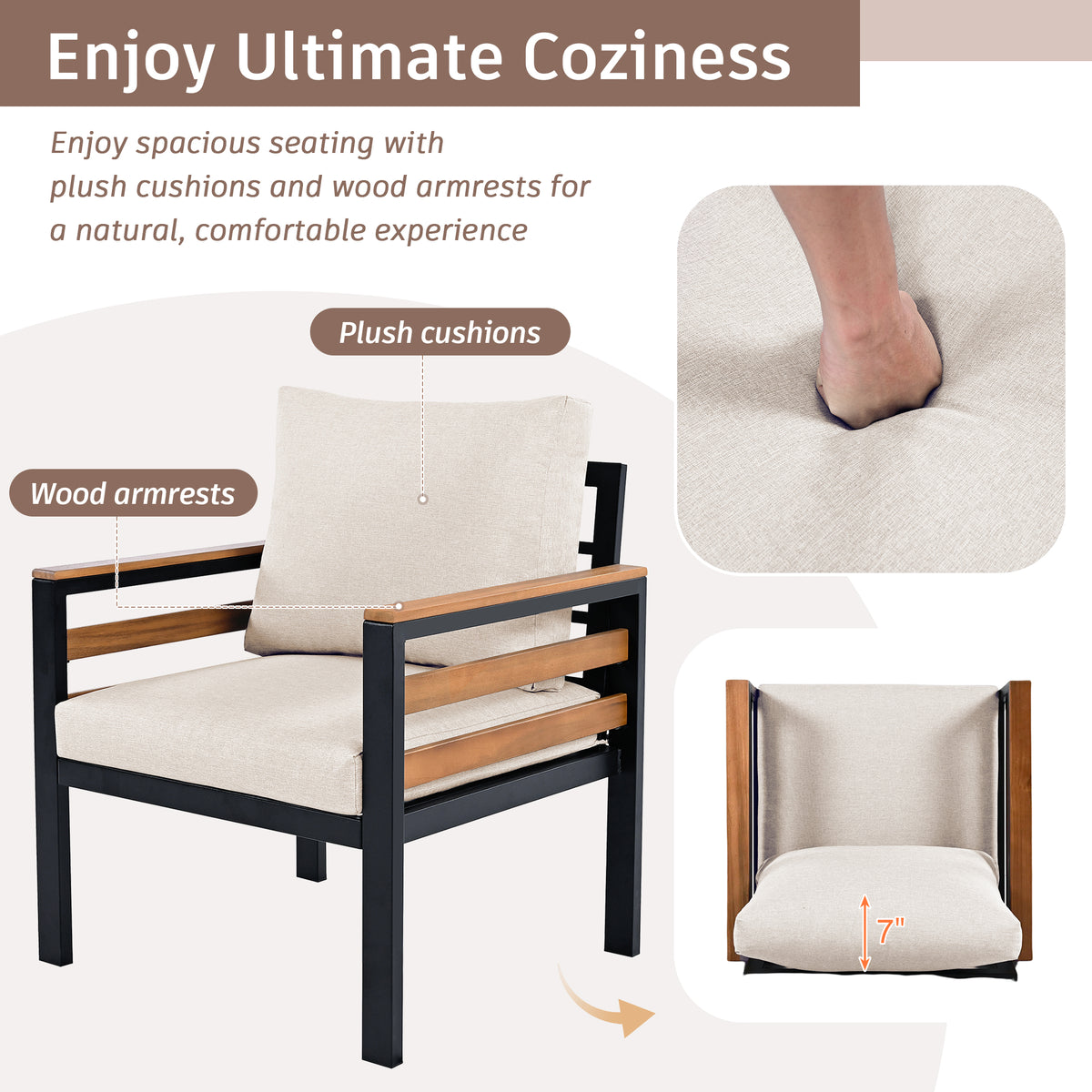 variant-group:rf-n704f201246a|Roomfitters 4-Piece Outdoor Patio Furniture Set with 3-Seater Sofa, 2 Armchairs and Coffee Table, Wood Accents, Beige