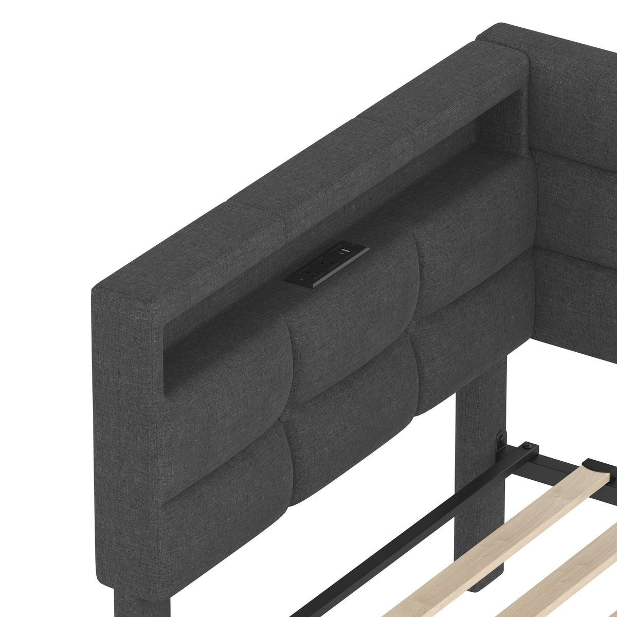 variant-group:rf-n733p285121e|Roomfitters Upholstered Twin Size Daybed with Storage Drawers and Charging Station, Bed Frame with Storage Headboard, No Box Spring Needed, Gray