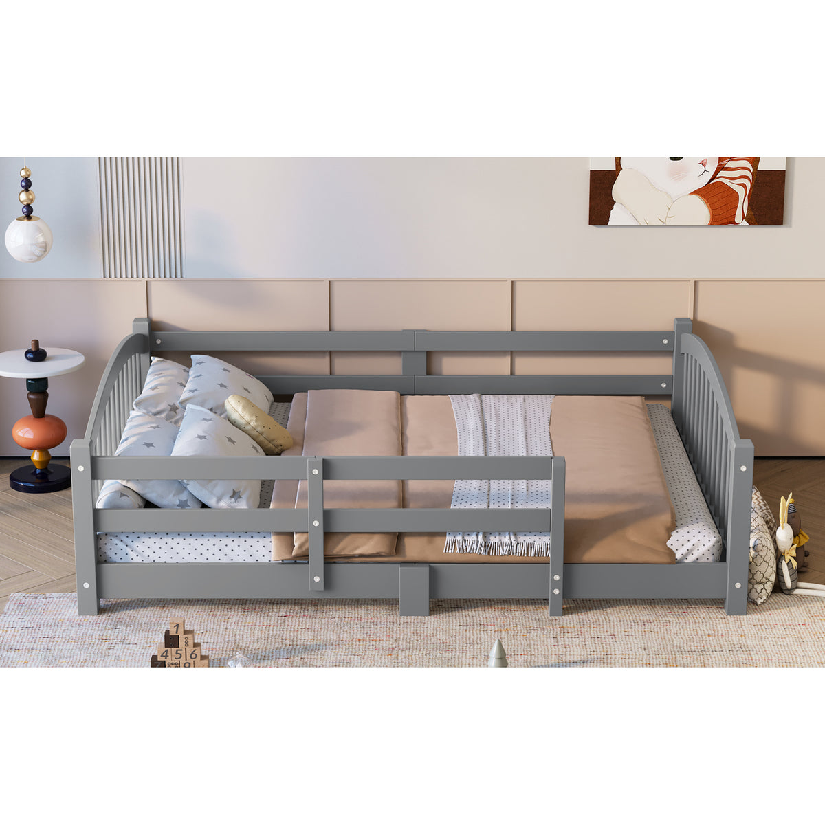 variant-group:rf-n733p400299e|Roomfitters Full Montessori Floor Bed with Guardrails, Solid Wood Low Platform Bed with Slats, Easy Assembly, Gray