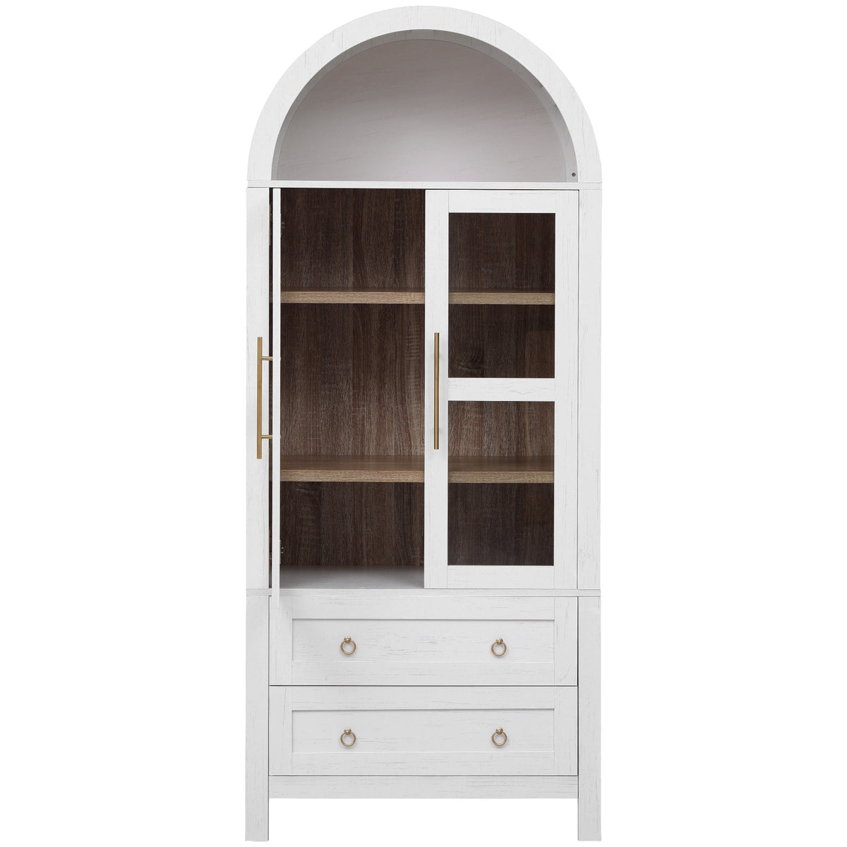 variant-group:rf-n707p288972w|Roomfitters 71" Pantry Cabinet with Arched Top and Glass Doors, 2 Storage Drawers and Adjustable Shelves for Kitchen, White