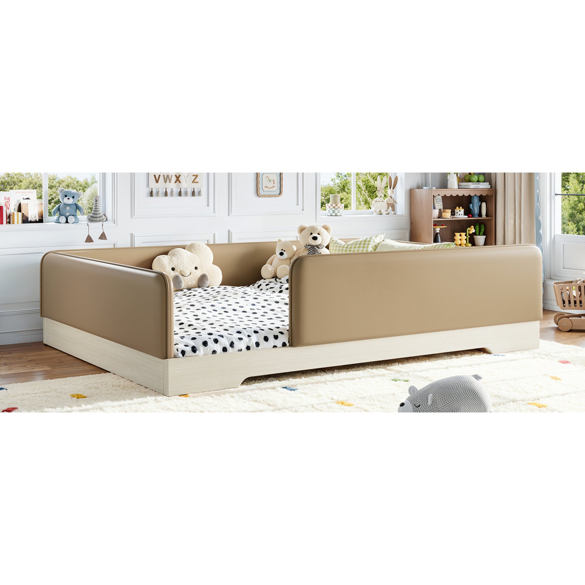variant-group:rf-w1580s00672|Roomfitters Queen Size Upholstered Floor Bed Frame with Removable Guardrails, Faux Leather Low Profile Platform, Brown