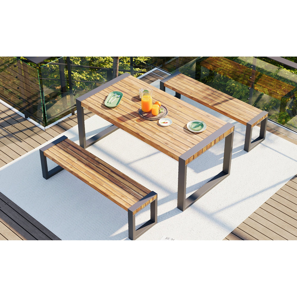 Roomfitters 3-Piece Outdoor Dining Set with Rectangular Table and 2 Benches, Industrial Patio Picnic Furniture, Acacia Wood Roomfitters