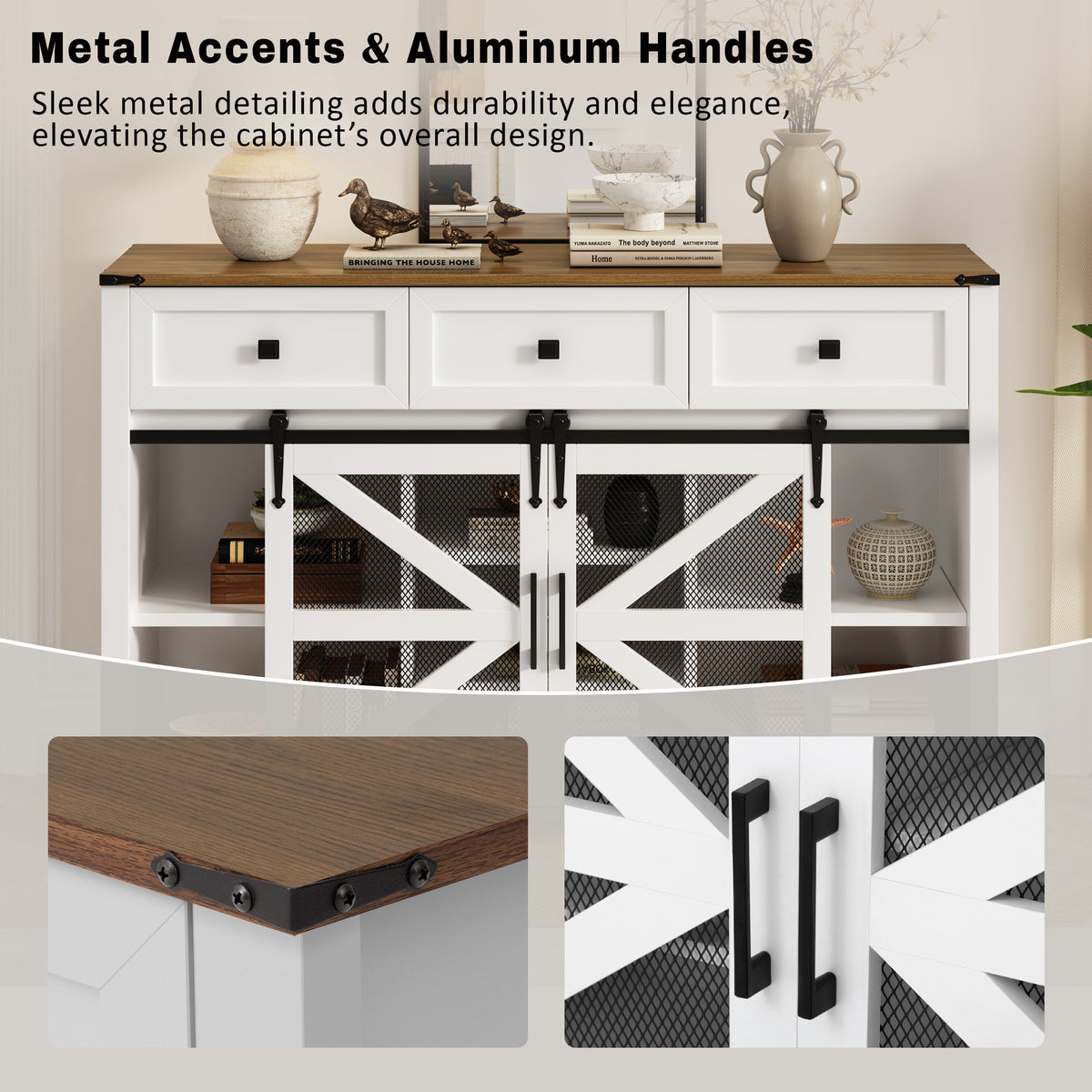 variant-group:rf-n711p347384k|Roomfitters 55" Sideboard Buffet Cabinet with 3 Drawers and Sliding Barn Doors, Farmhouse Storage for Kitchen & Dining, White