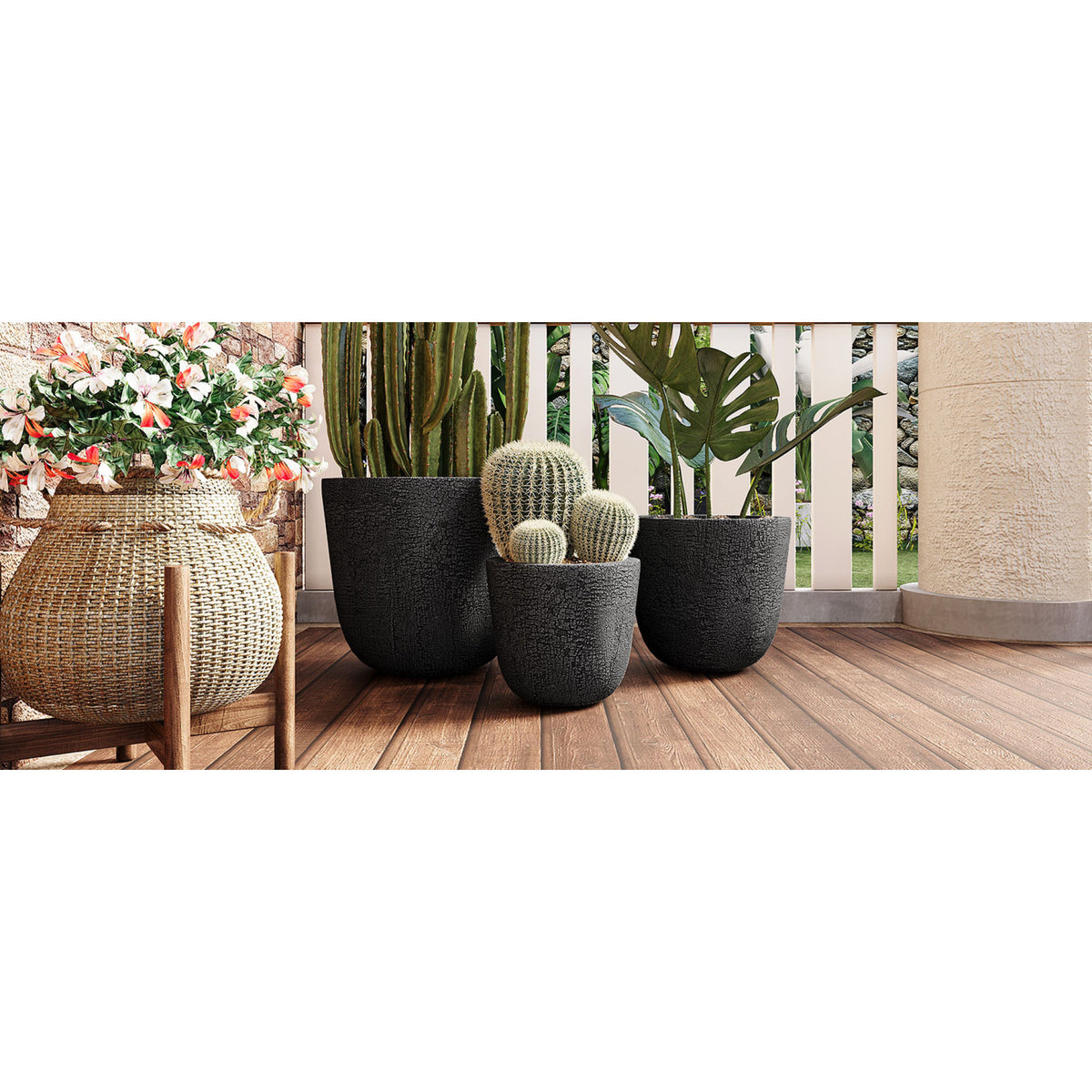 variant-group:rf-n711p406660b|Roomfitters Lightweight MGO Planter Set of 3, Round Weather Resistant Outdoor Indoor Flower Pots for Garden Patio, Black
