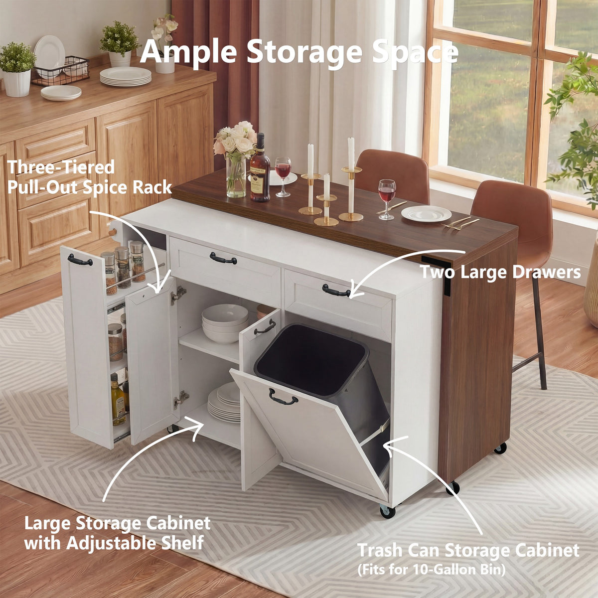 variant-group:rf-n707s000026w|Roomfitters 102.3" Kitchen Island with Tilt Out Trash Can Cabinet, Rolling Storage Cart, Slide-out Spice Rack, White