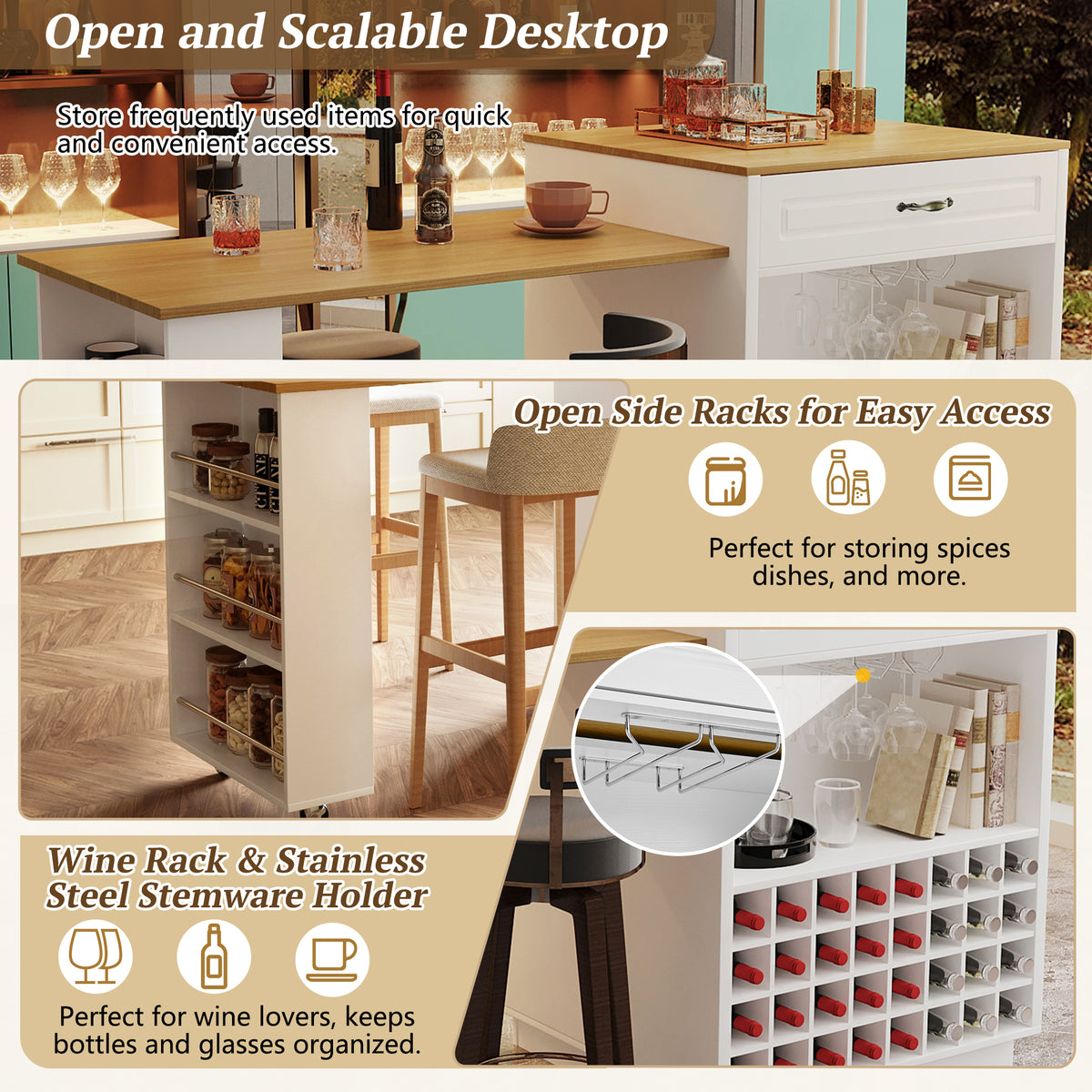 variant-group:rf-n711wy000493aak|Roomfitters White and Natural Wood MDF Extendable Bar Cabinet, Rolling Kitchen Island Table, Wine Rack Storage