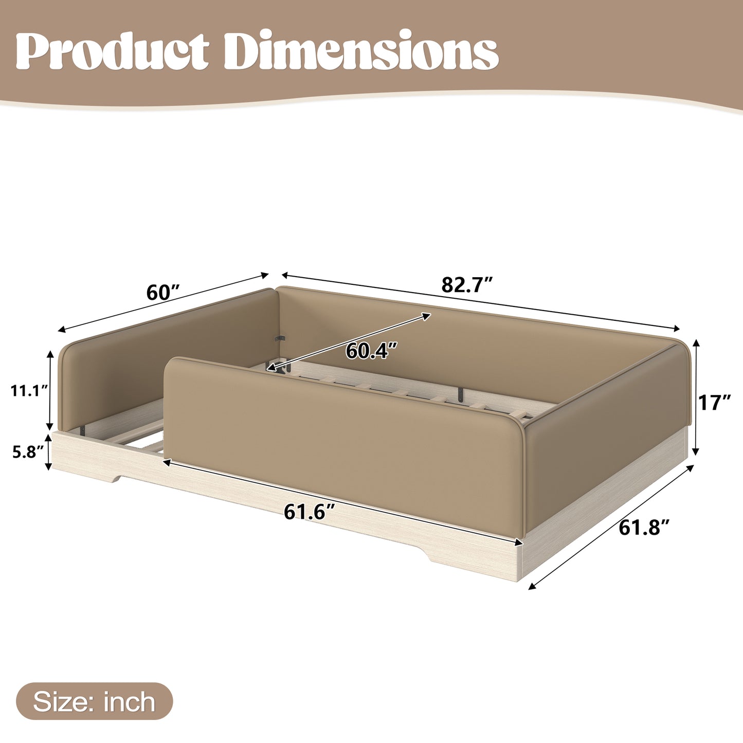 variant-group:rf-w1580s00672|Roomfitters Queen Size Upholstered Floor Bed Frame with Removable Guardrails, Faux Leather Low Profile Platform, Brown