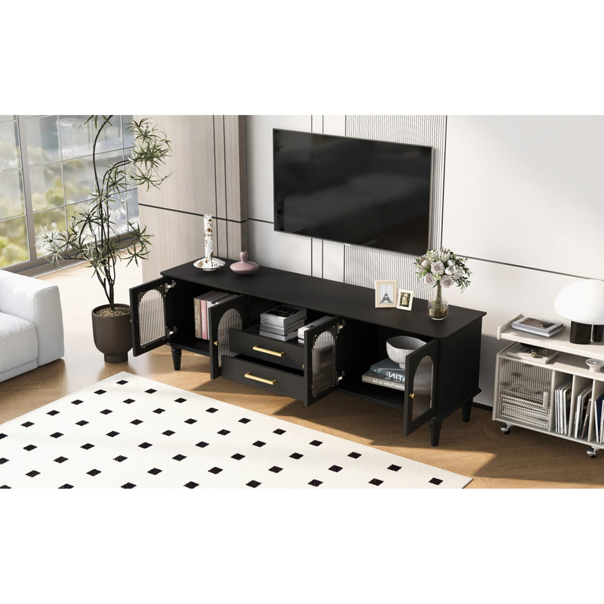 Roomfitters Retro TV Stand for up to 75 Inch TV, Fluted Glass Door Media Console with Five Wood Legs, Black Roomfitters