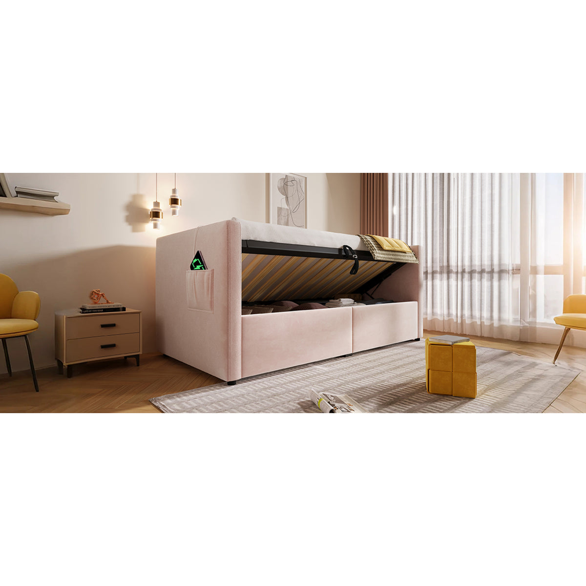 variant-group:rf-n736p303402p|Roomfitters Upholstered Twin Size Daybed with Storage, USB & Type-C Charging, Tufted Sofa Back, Velvet Pink