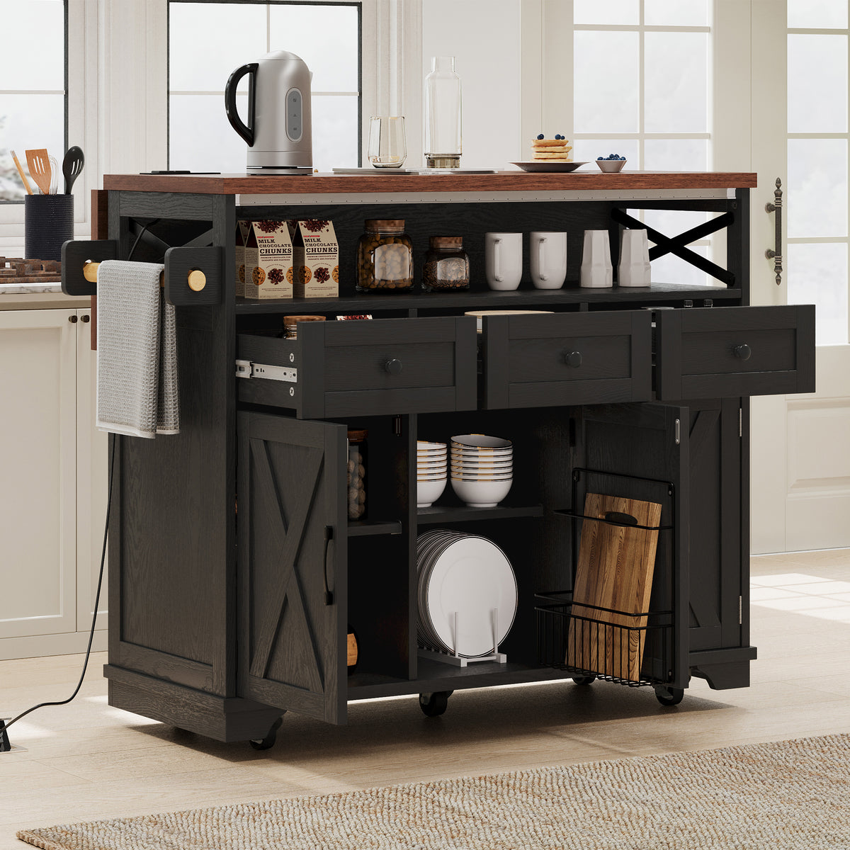 variant-group:rf-n707p254872b|Roomfitters 46.5" Rolling Kitchen Island with Drop Leaf, Mobile Cart with 2 AC Outlets & USB, Beaded Drape & 3 Drawers, Black