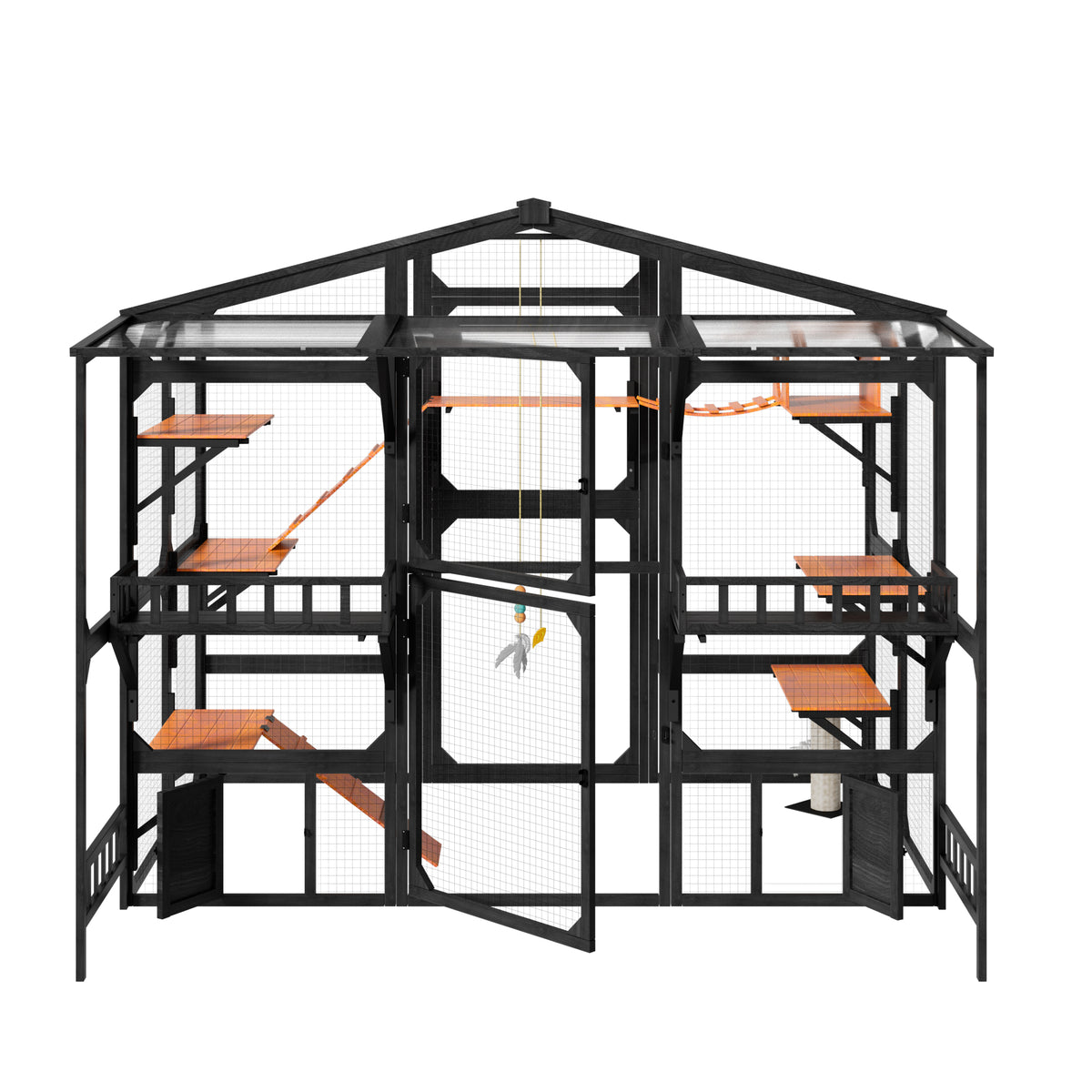 variant-group:rf-n704g201620b|Roomfitters Extra Large Wood Catio Cat Cage Outdoor Kennel with Transparent Sunroof and Dual Storage Shelves Black