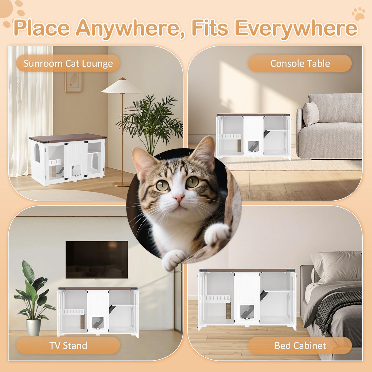 Roomfitters 47-Inch Enclosed Cat Litter Box Furniture Hideaway Cabinet Side Table with Four Mode Door White Roomfitters