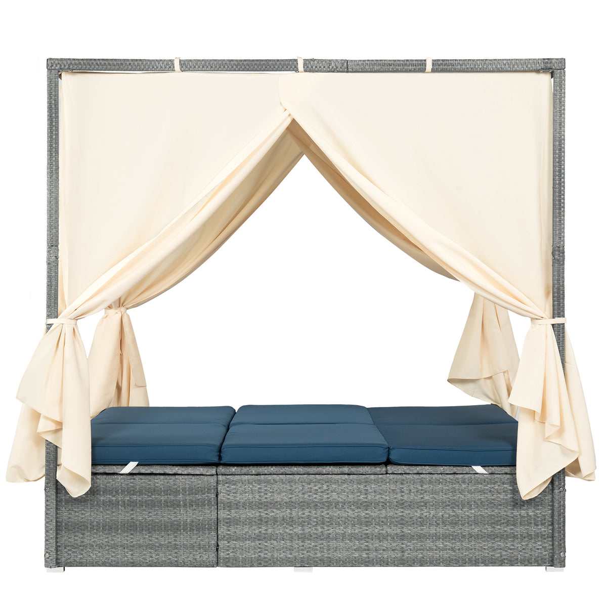 variant-group:rf-n711wy000471aac|Roomfitters Modern Tropical Dark Blue PE Rattan Outdoor Double Sun Lounger, Patio Daybed, Adjustable Recline, Canopy