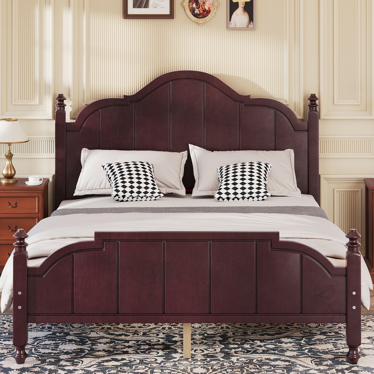variant-group:rf-n733p360940p|Roomfitters Queen Wood Platform Bed Frame with Curved Headboard, Vintage Style Slat Support, No Box Spring Required, Espresso