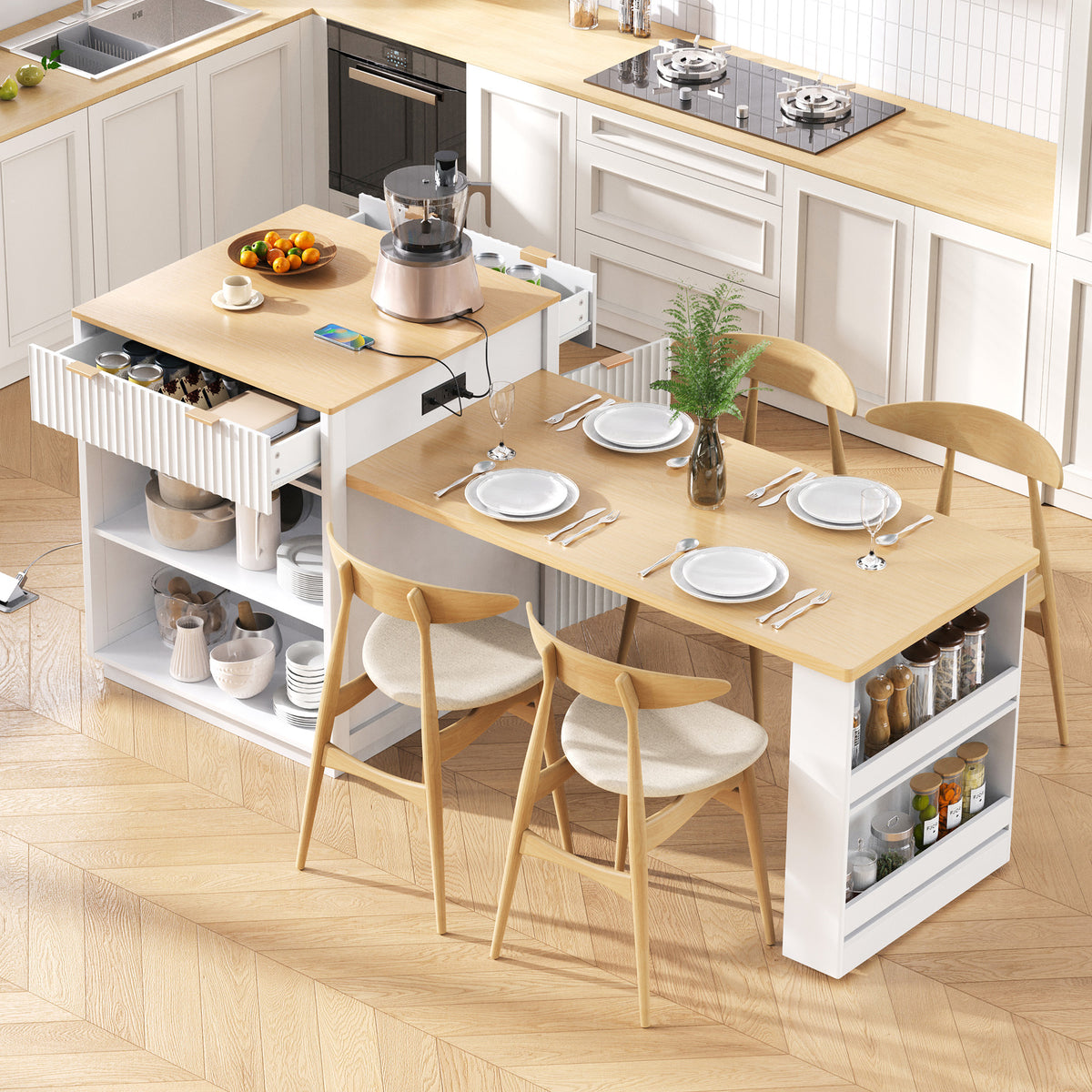 variant-group:rf-n707s000018w|Roomfitters 82.6" Fluted Kitchen Island with 51" Extendable Dining Table for 4-6, Power Outlet, White
