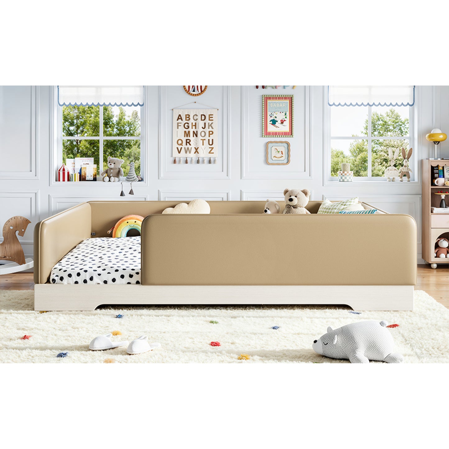 variant-group:rf-w1580s00672|Roomfitters Queen Size Upholstered Floor Bed Frame with Removable Guardrails, Faux Leather Low Profile Platform, Brown