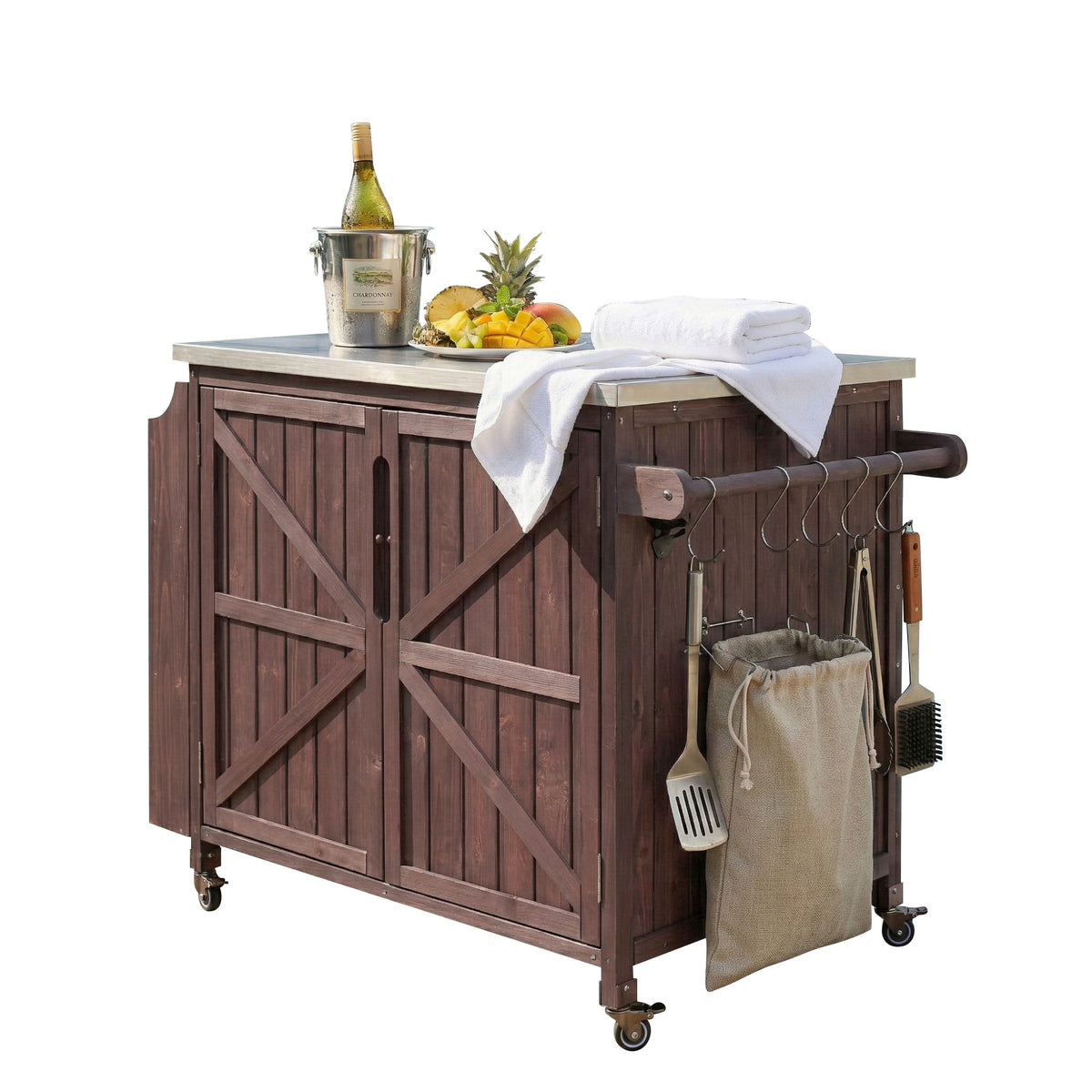 variant-group:rf-n707p370287z|Roomfitters 42.1" Grill Cart, Outdoor Kitchen Island with Stainless Steel Top, BBQ Prep Station with Spice Rack, Dark Brown