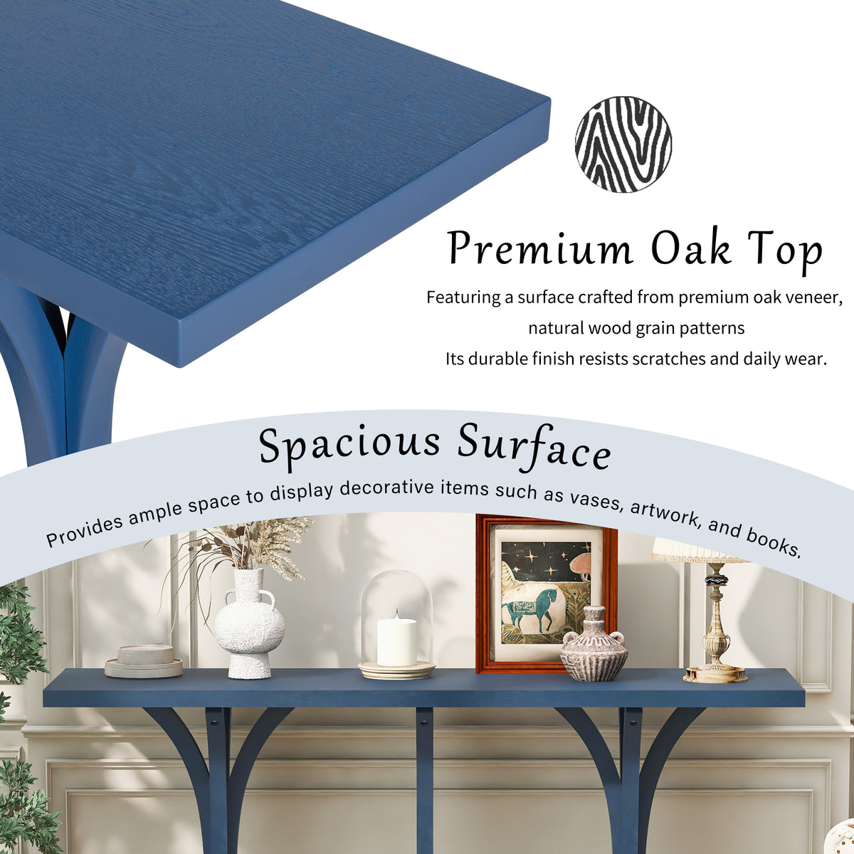 variant-group:rf-n711p295300v|Roomfitters 59.8" Console Table with Oak Veneer Top, Modern Arched Leg Entryway Sofa Table for Hallway & Living Room, Navy Blue