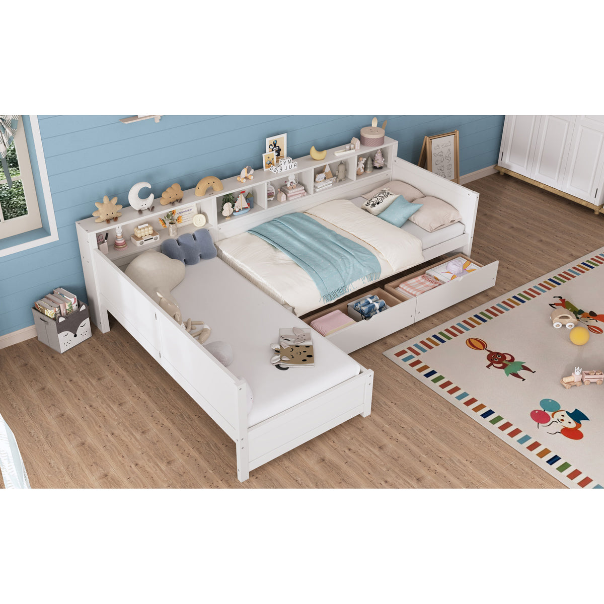 variant-group:rf-n733s369272k|Roomfitters Twin L-Shaped Daybed for 2 with 3 Storage Drawers, Wooden Corner Bed Frame with Bookshelf for Bedroom, White